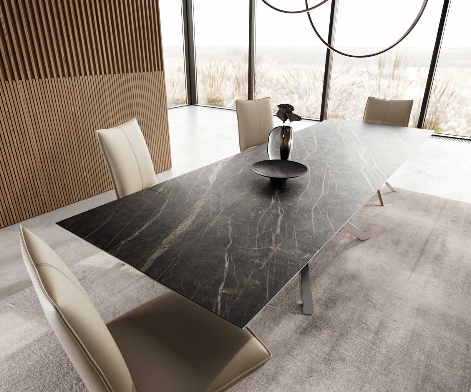 Разтегателна трапезна маса Edge 200-300х100 см Керамика Laminam®Noir Desir Тъмнокафяв Кръсртовидна основа Сребристосив 3