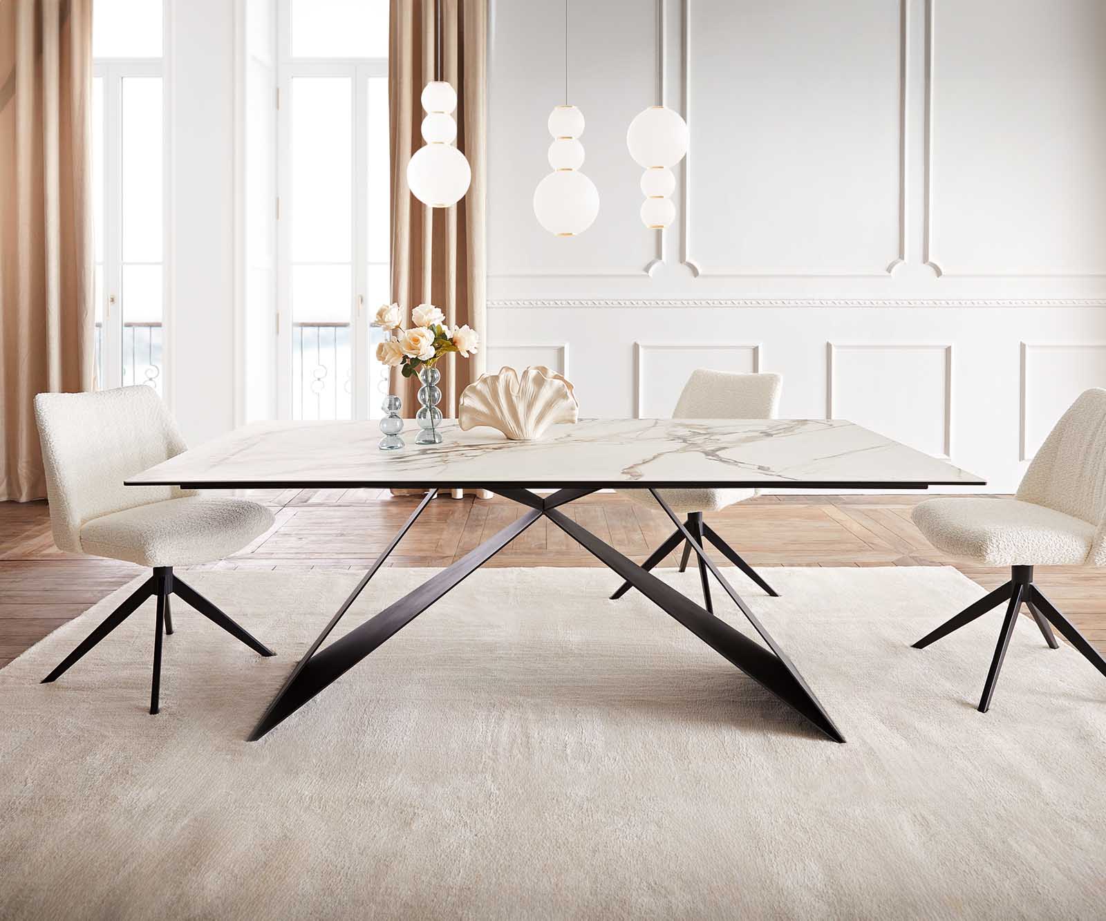 Маса 200x100 Keramik Calacatta Luxe Бял-Злато-Сив V-Рамка плоска стомана Черен Edge