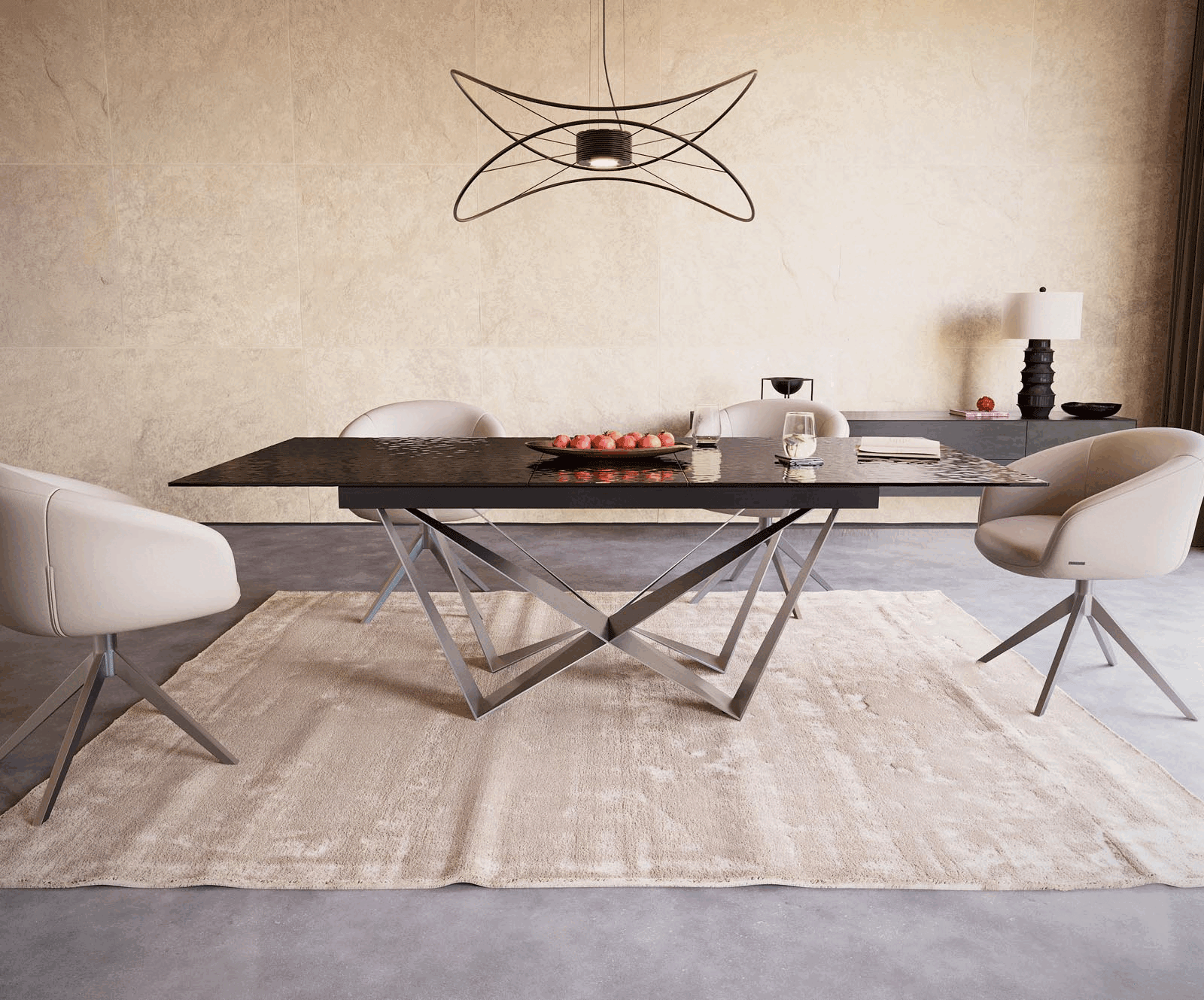 Маса 180-220x100 РелефноСтъкло ОпушеноЧерен 3D-Design Spider плоска стомана Неръждаема стомана разтегателна Edge 1