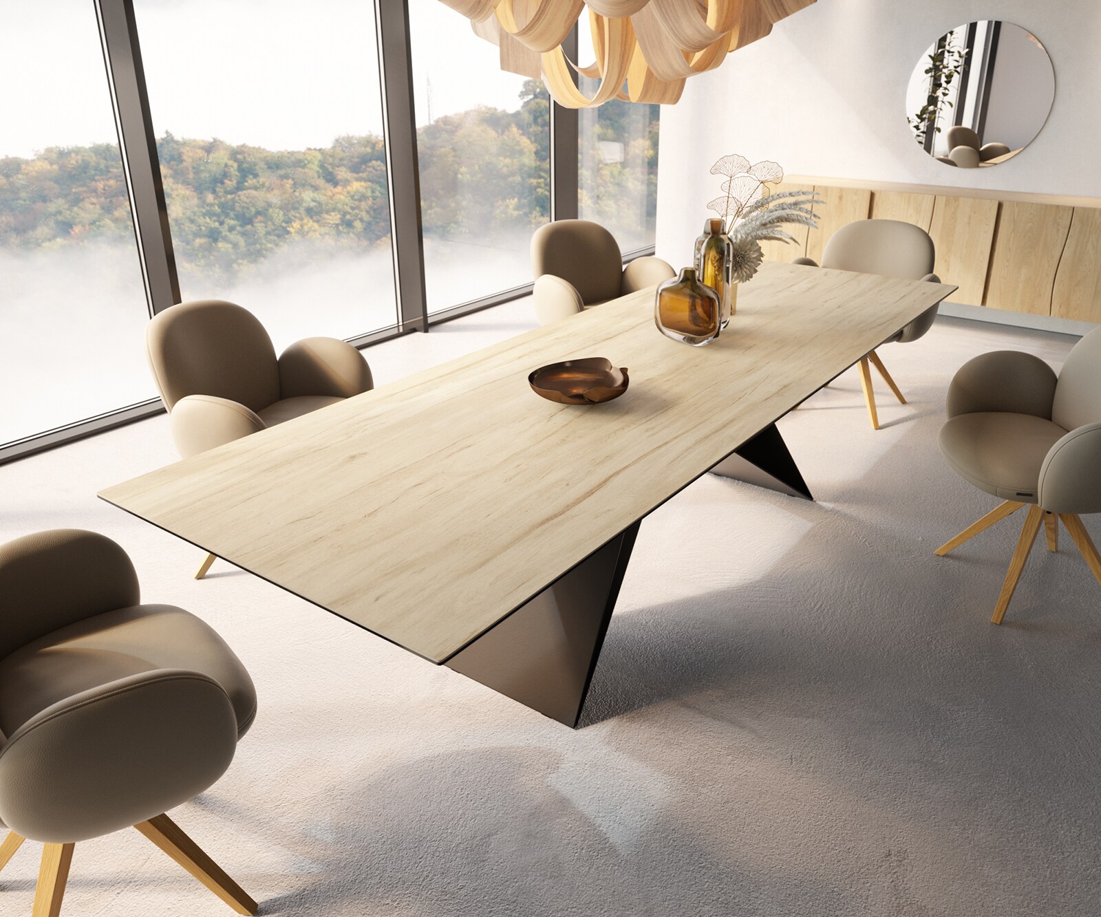 Маса 300x100 Keramik Laminam® Sabbia Дъбцвят V-Рамка плоска стомана Черен Edge 5