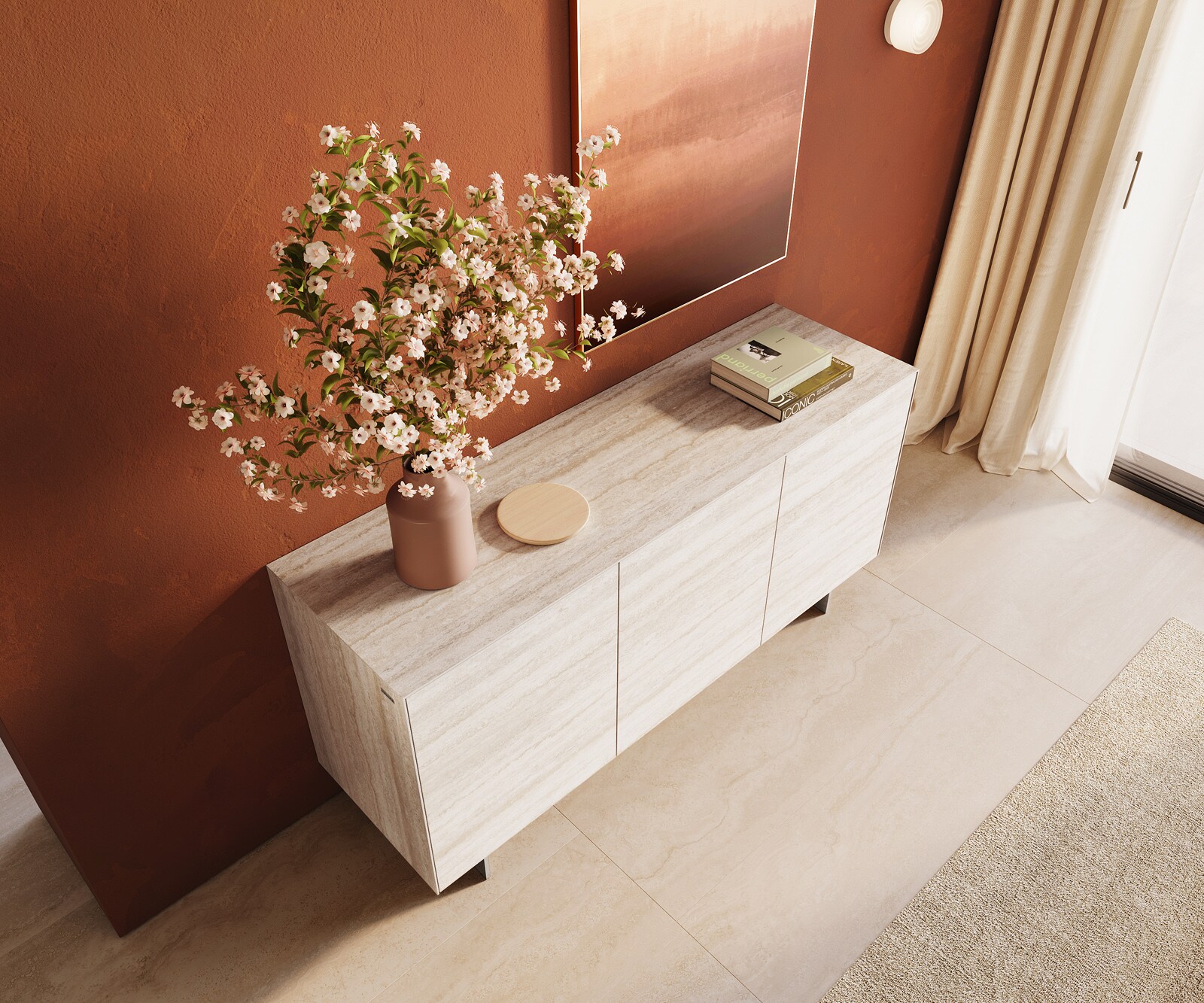 Шкаф Cuor 150 cm Керамичен ламинат® Travertino Bianco Крем-бяло 3 врати Основа Плаващ вид неръждаема стомана 4