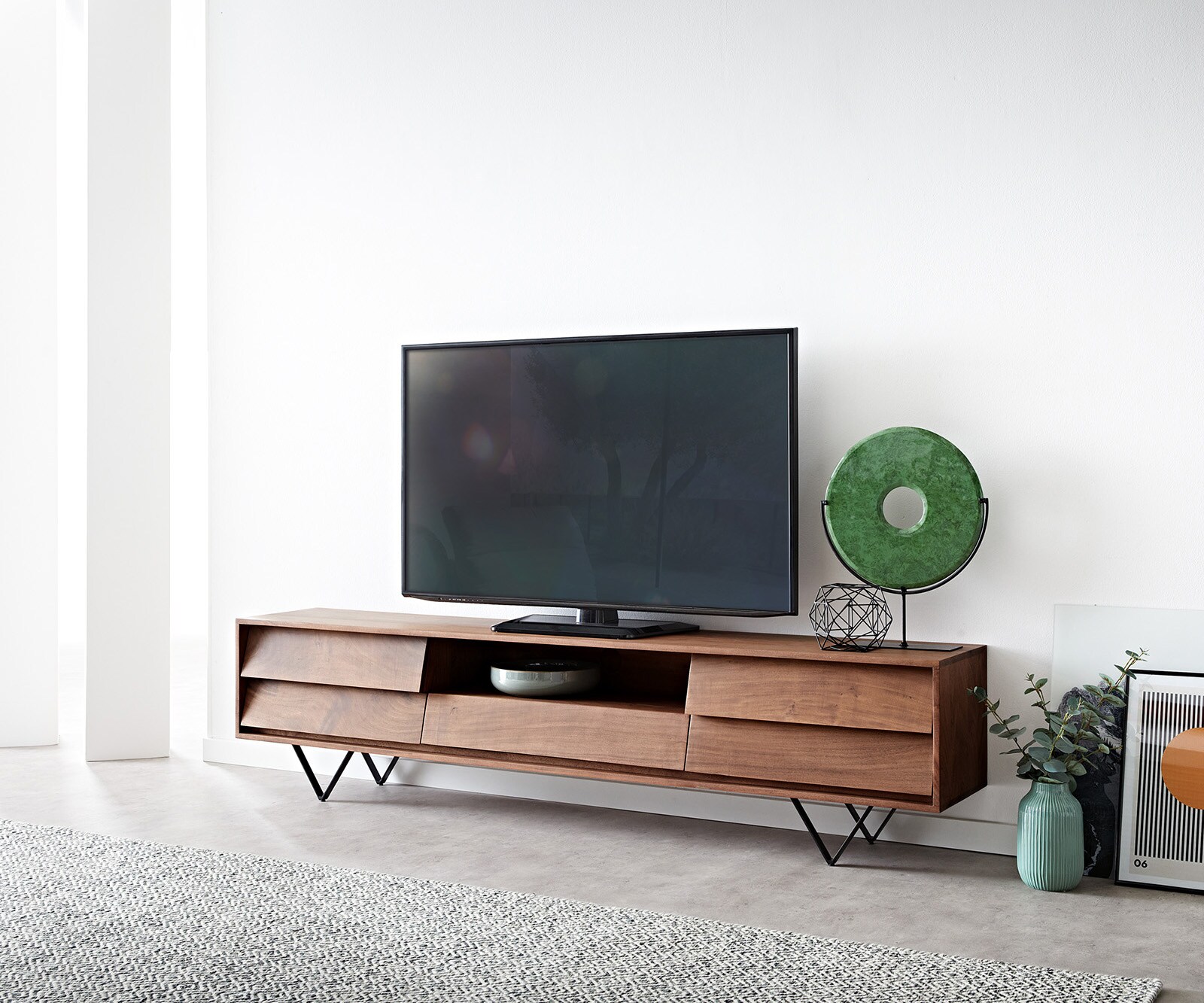 Нисък шкаф 200x35 cm Акация Кафяв 2 Врати 1 Чекмедже V-Крак Черен Eloi