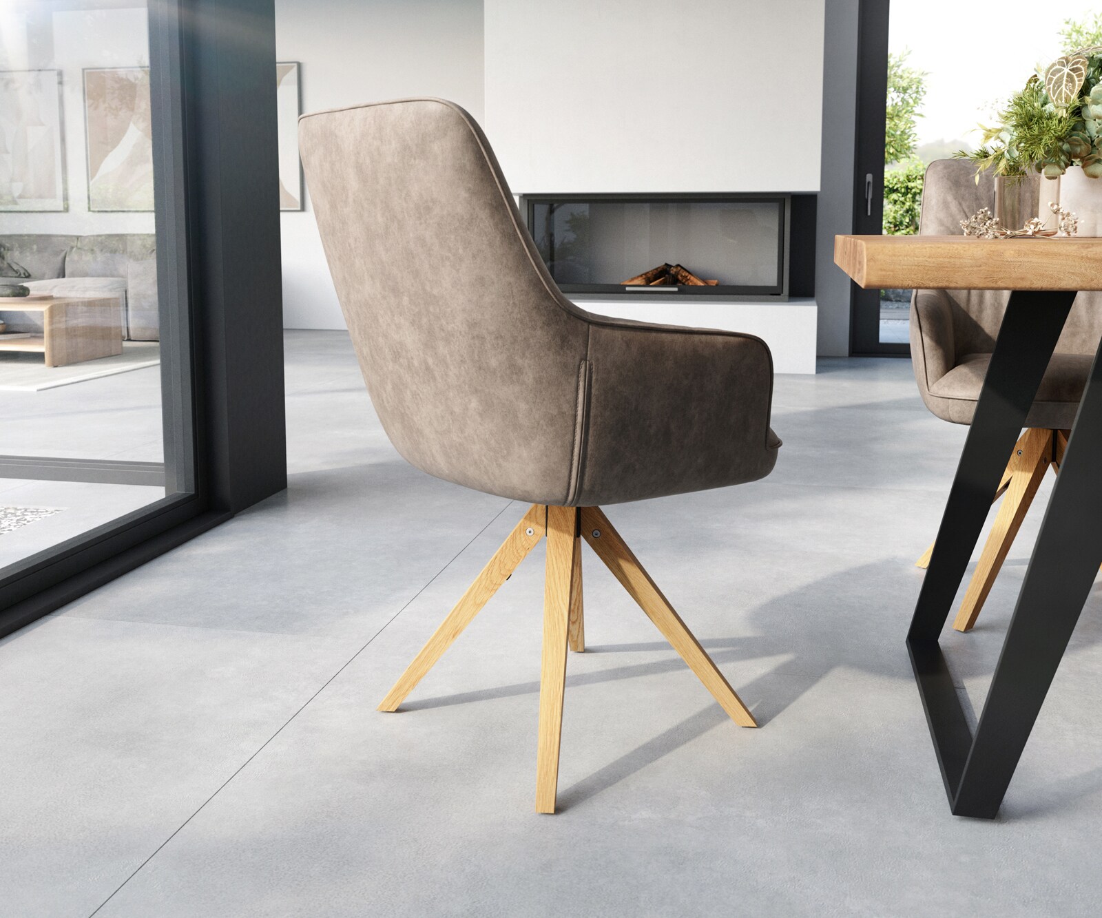 Врътящ се стол с подлакътници Таупе Винтидж Дървена рамка  180° въртящ се Покет пружина Zelia-Flex 5