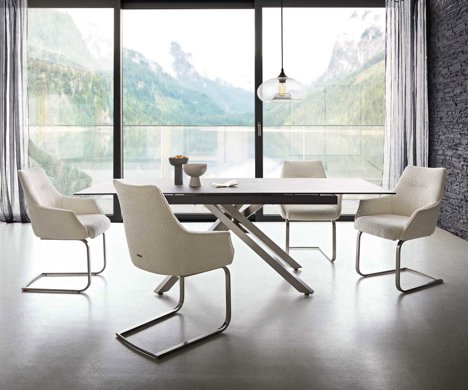 Люлеещ стол с подлакътници Букле Бял Конзолен крак плосък Неръждаема стомана Покет пружина Alja-Flex 3 Люлеещ стол с подлакътници Букле Бял Конзолен крак плосък Неръждаема стомана Покет пружина Alja-Flex 3