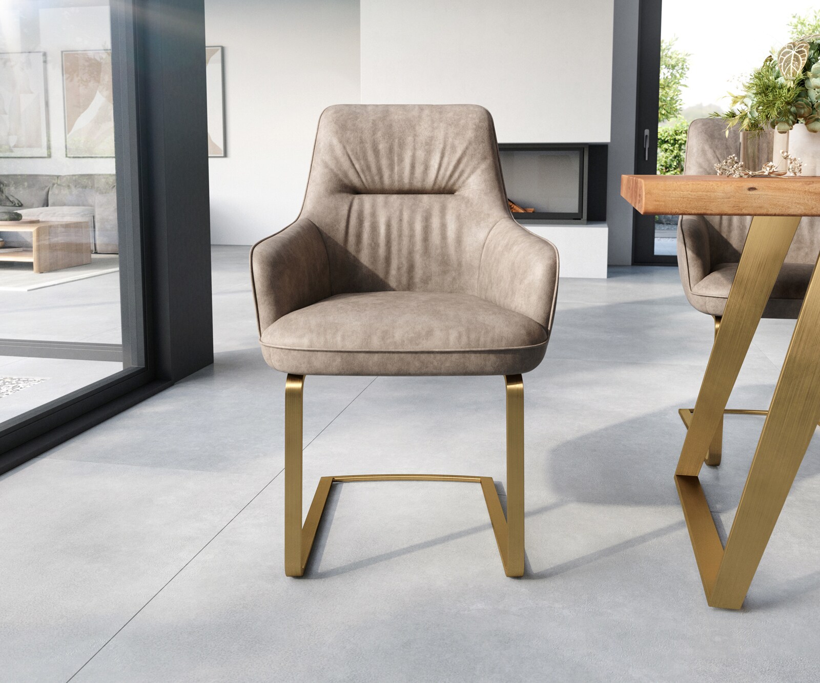 Люлеещ стол с подлакътници Таупе Винтидж Конзолен крак плосък Злато  Покет пружина Zelia-Flex 1