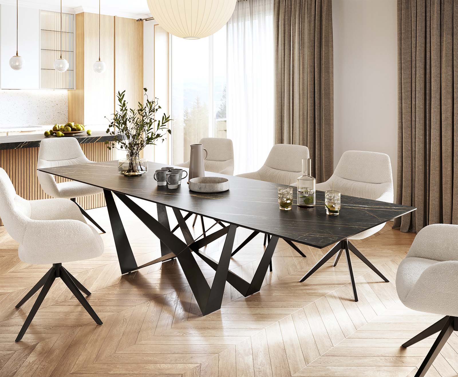 Маса 300x100cm Keramik Laminam®Noir Desir Кафяв среден крак плоска стомана Черен Edge
