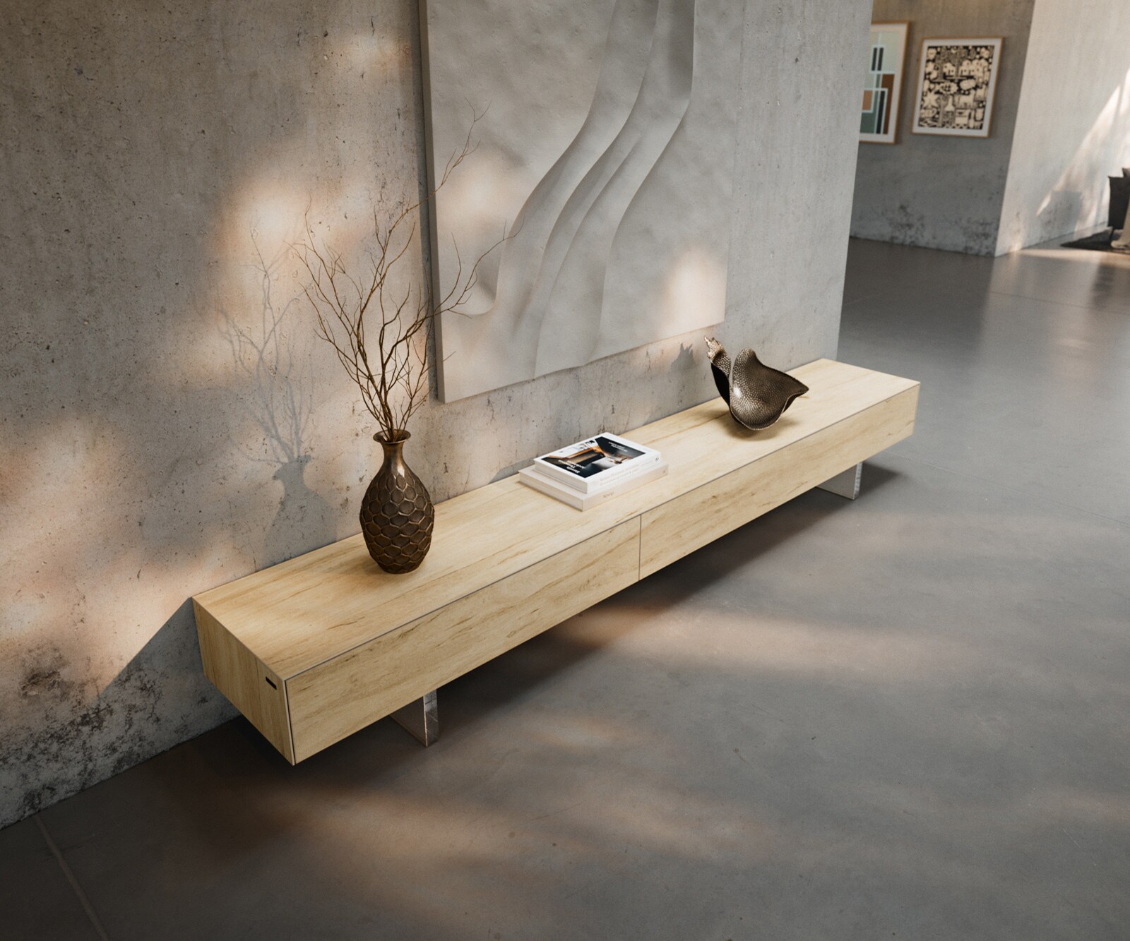 Ниска дъска Cuor 250 cm Керамичен ламинат® Sabbia Дъбов цвят 1 клапа 1 чекмедже Основа Плаващ вид акрилно стъкло 4