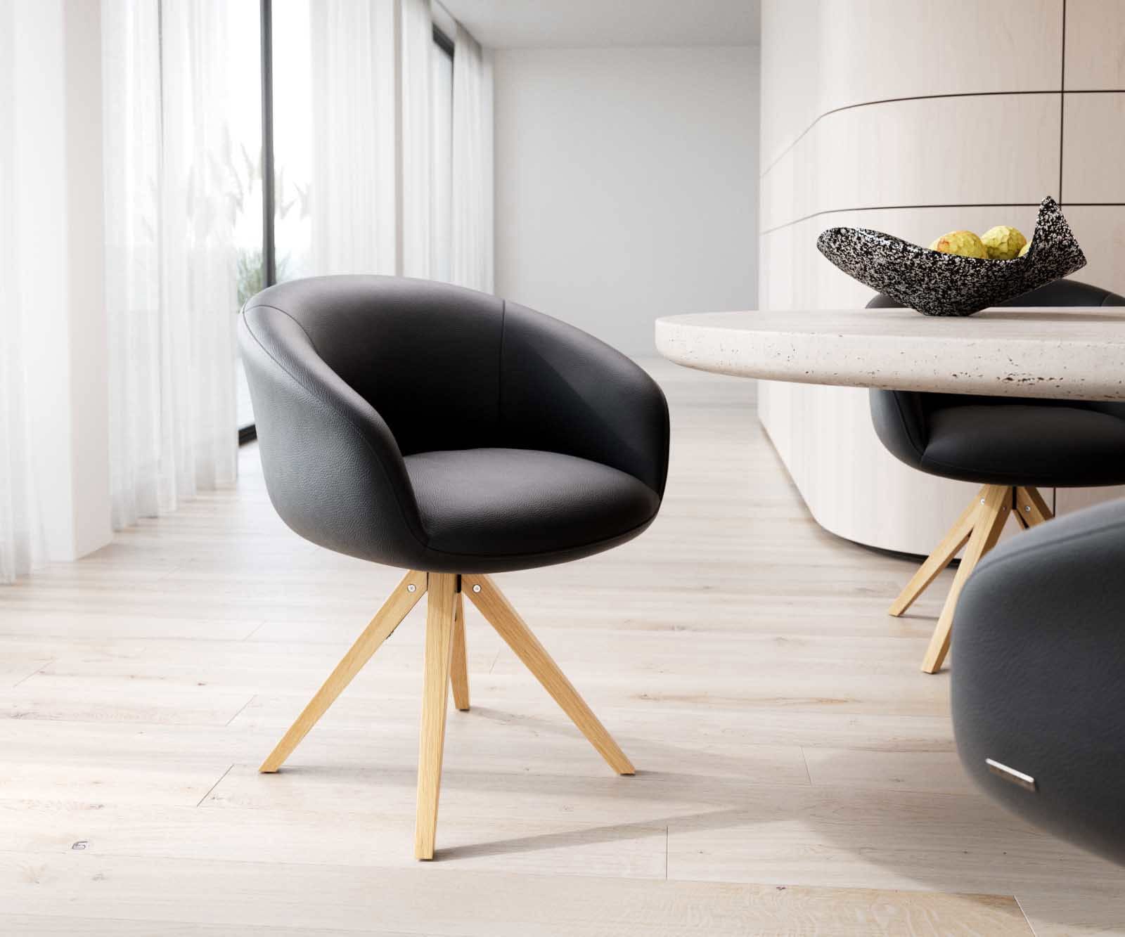 Врътящ се стол с подлакътници Естествена кожа Черен Дървена рамка  Натурал 180° въртящ се Покет пружина Vinka-Flex Врътящ се стол с подлакътници Естествена кожа Черен Дървена рамка  Натурал 180° въртящ се Покет пружина Vinka-Flex