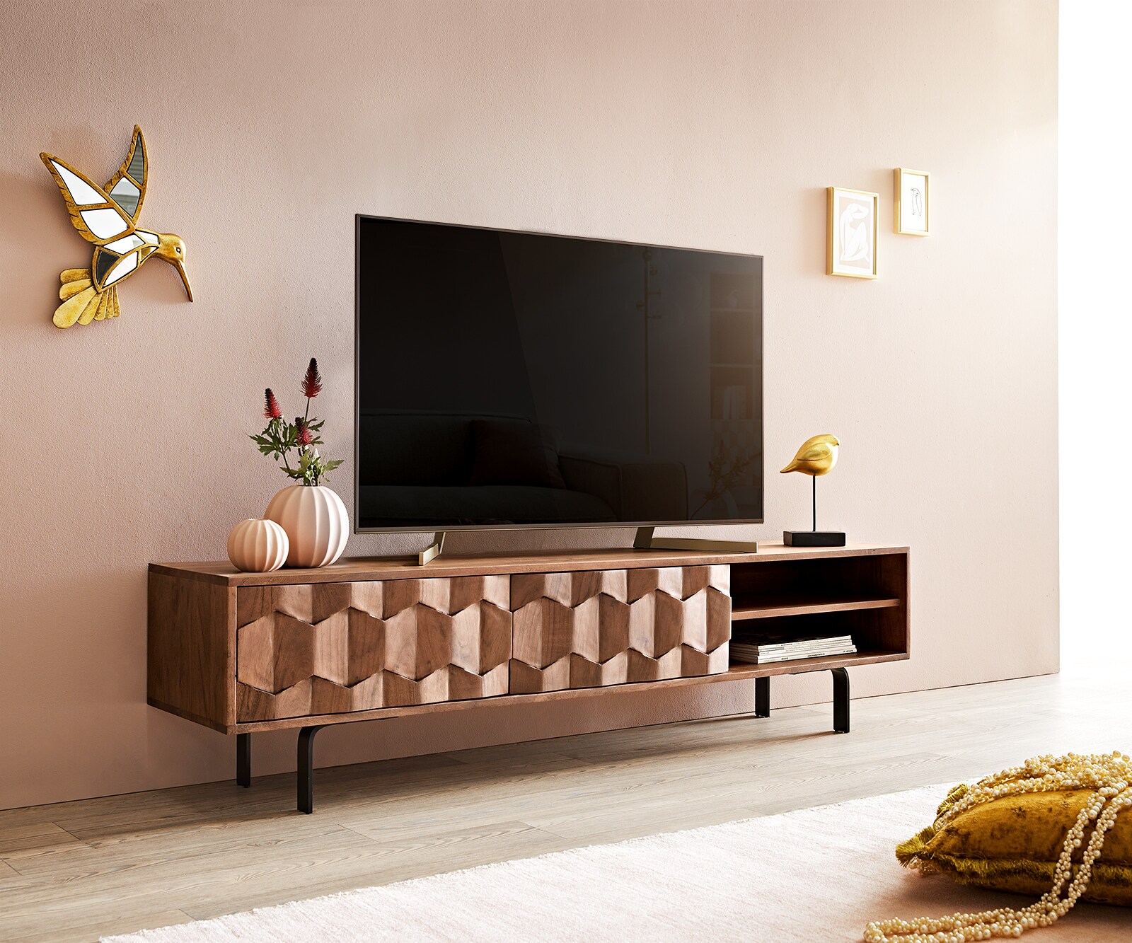 ТВ шкаф Fevo 160 cm Масив Акация, 2 Врати, Г-Крак, Кафяв