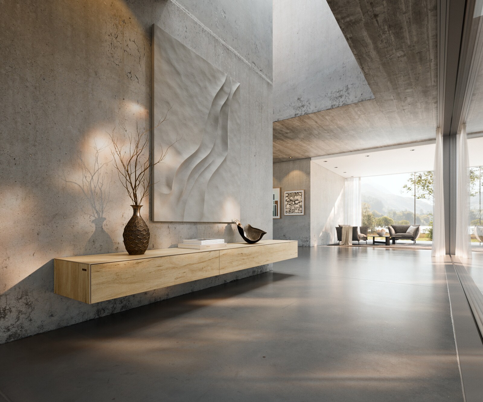 Стенен ТВ шкаф Cuor 250 см Керамика Laminam® Sabbia Дъб цвят 1 врата 1 чекмедже 