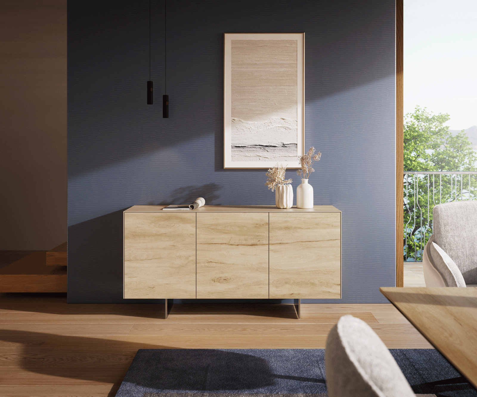 Бюфет Cuor 150 см Керамика Laminam® Sabbia Дъб цвят 3 врати Основ неръждаема стомана 2