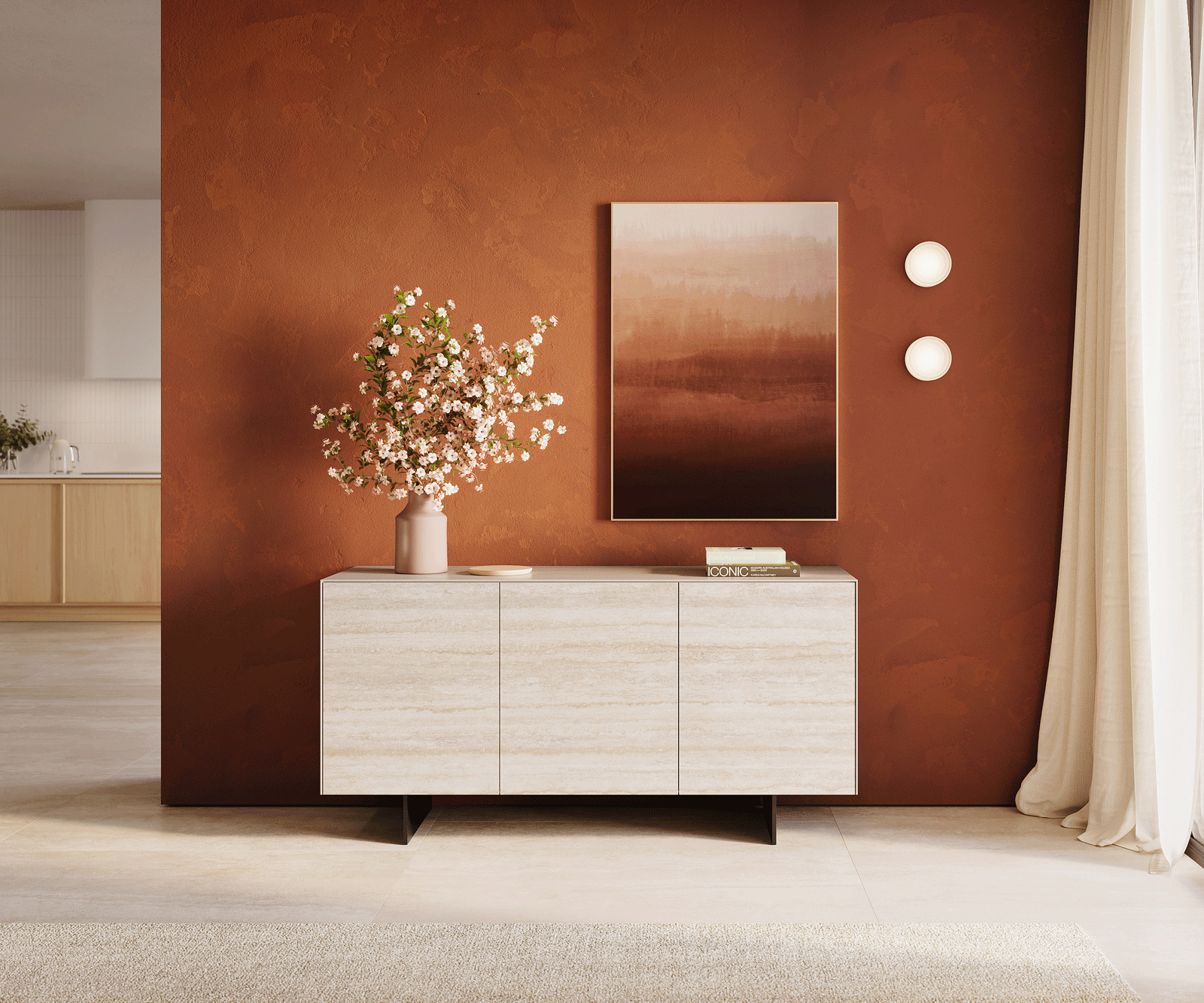 Шкаф Cuor 150 cm Керамичен ламинат® Travertino Bianco Крем-бяло 3 врати Основа Плаващ вид Метал Черно 2