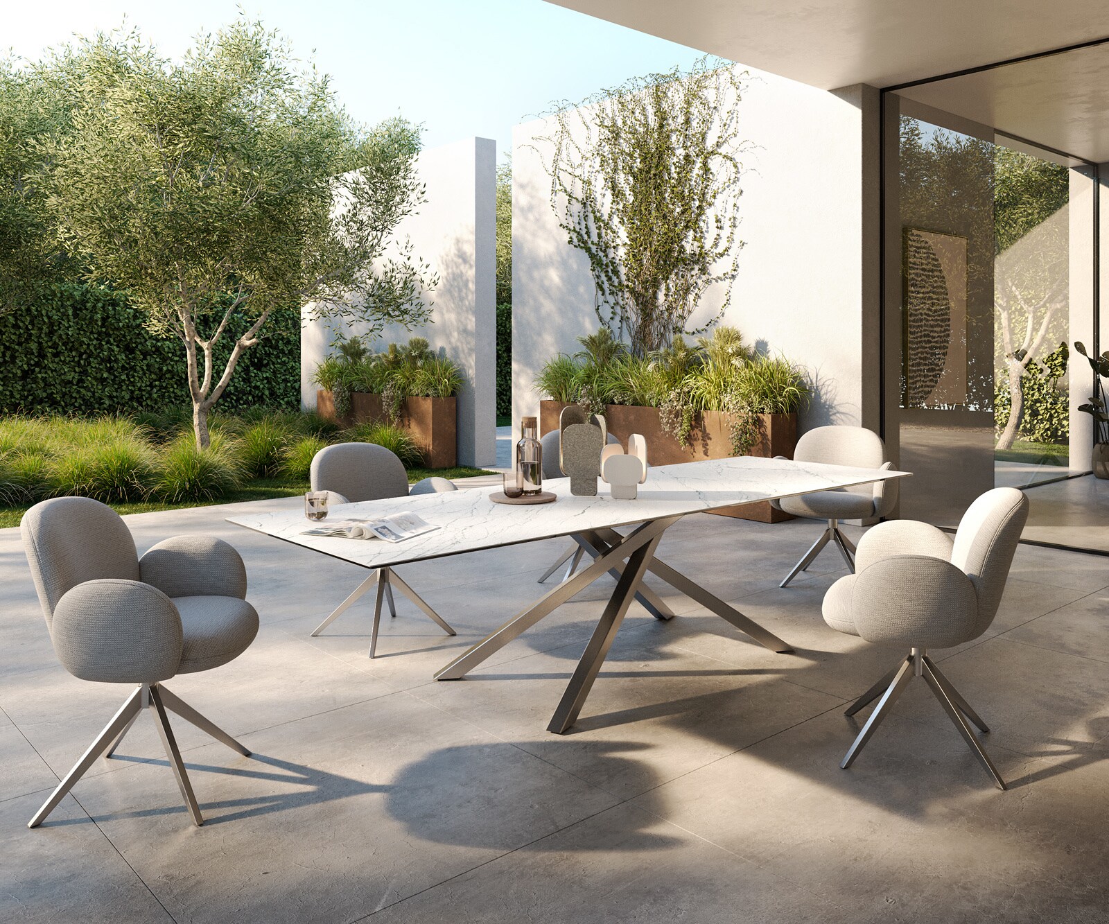 Луксозна външма маса Edge 300x100 см, керамичен правоъгълен плот Laminam ® Statuarietto, Кръстовидна основа, Бял/Сребристосив 5