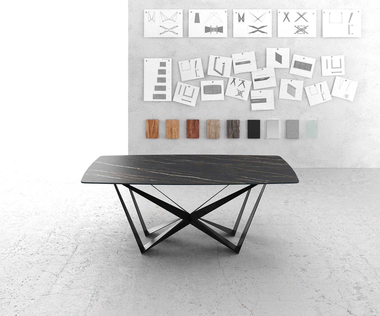 Маса Bootsform 200x100cm Laminam® Keramik Noir Desir Кафяв среден крак плоска стомана Черен Edge 1