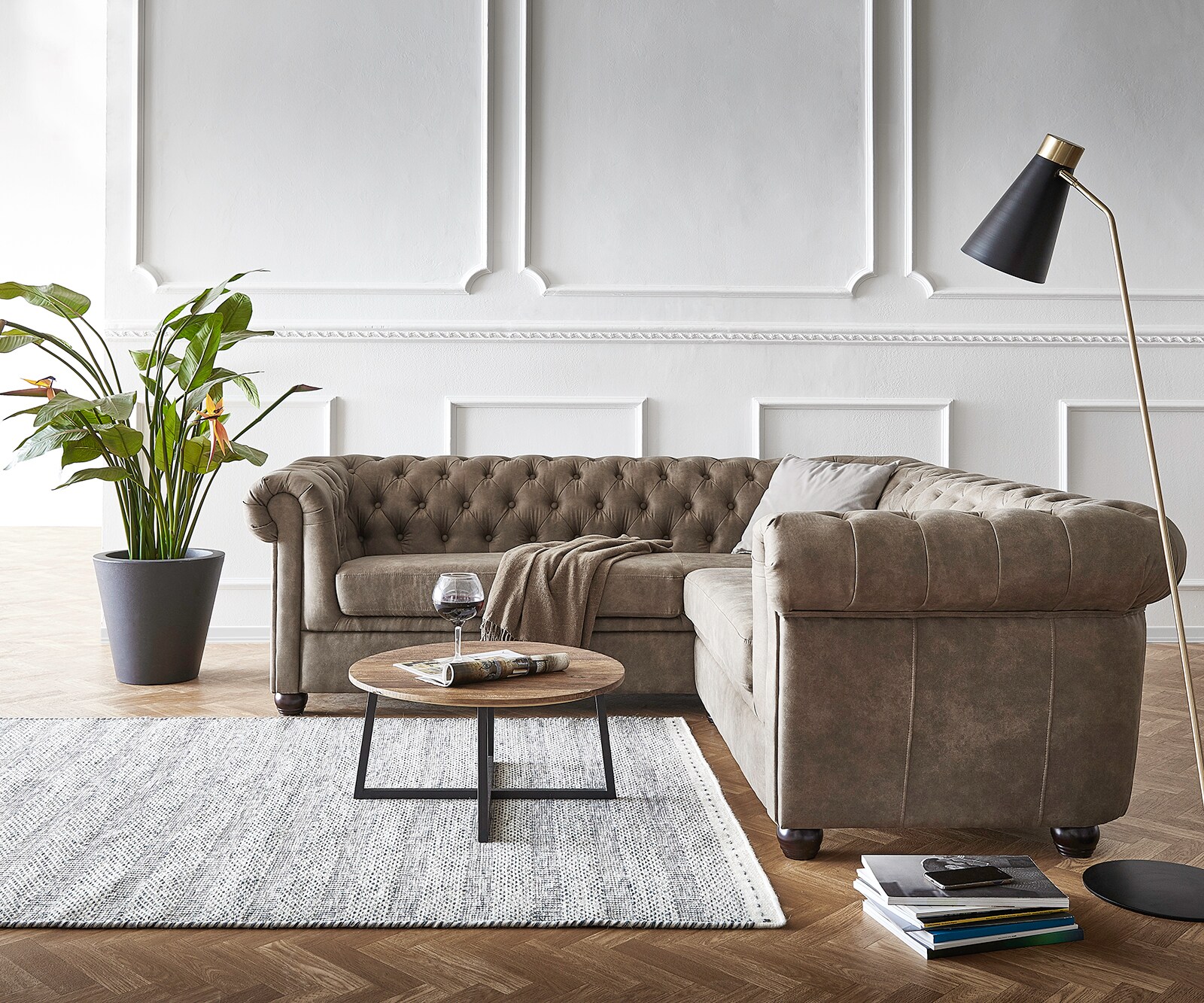 Ъглов диван 209x200 cm Таупе Капитониран Chesterfield