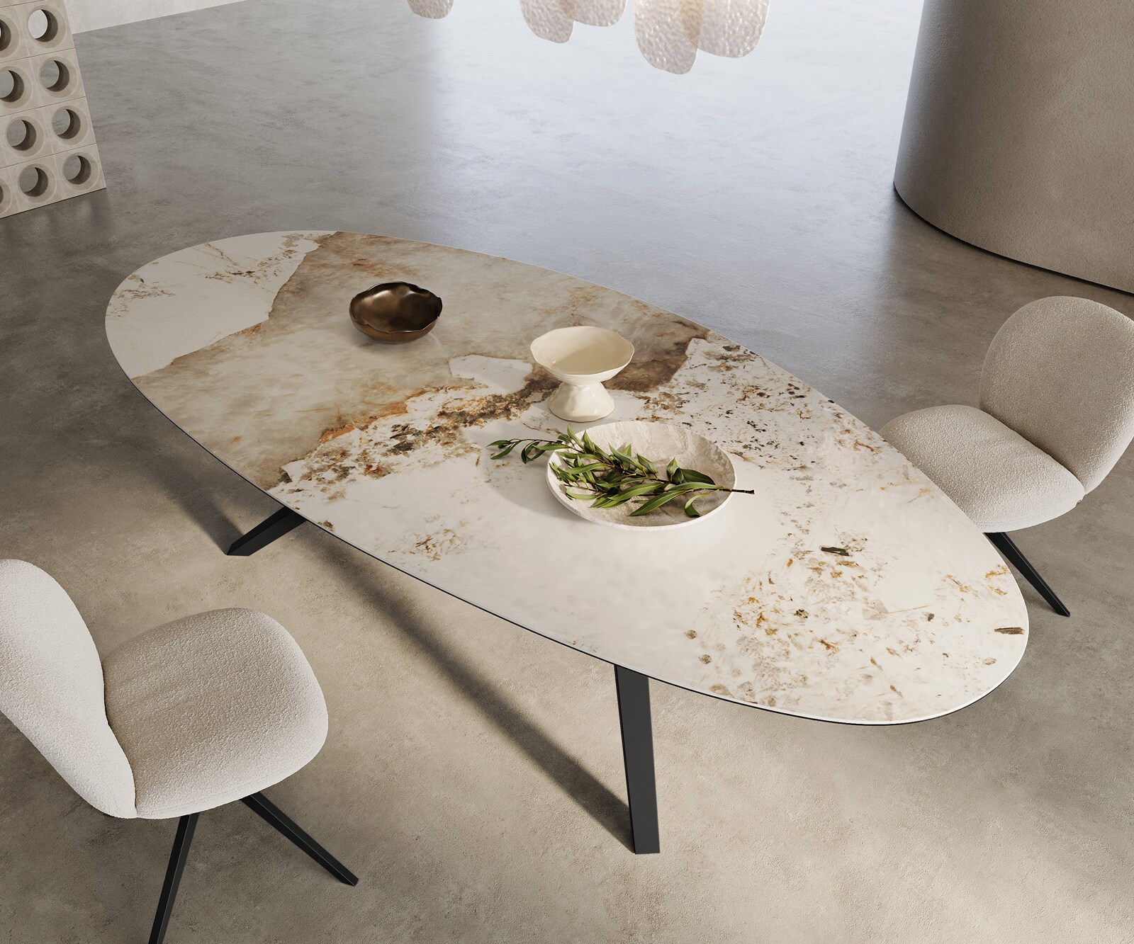 Трапезна маса Edge Oval 280x130, керамика Minas Melange, бяло-бежово, Zenthara, с остри ръбове, метал, черно 2