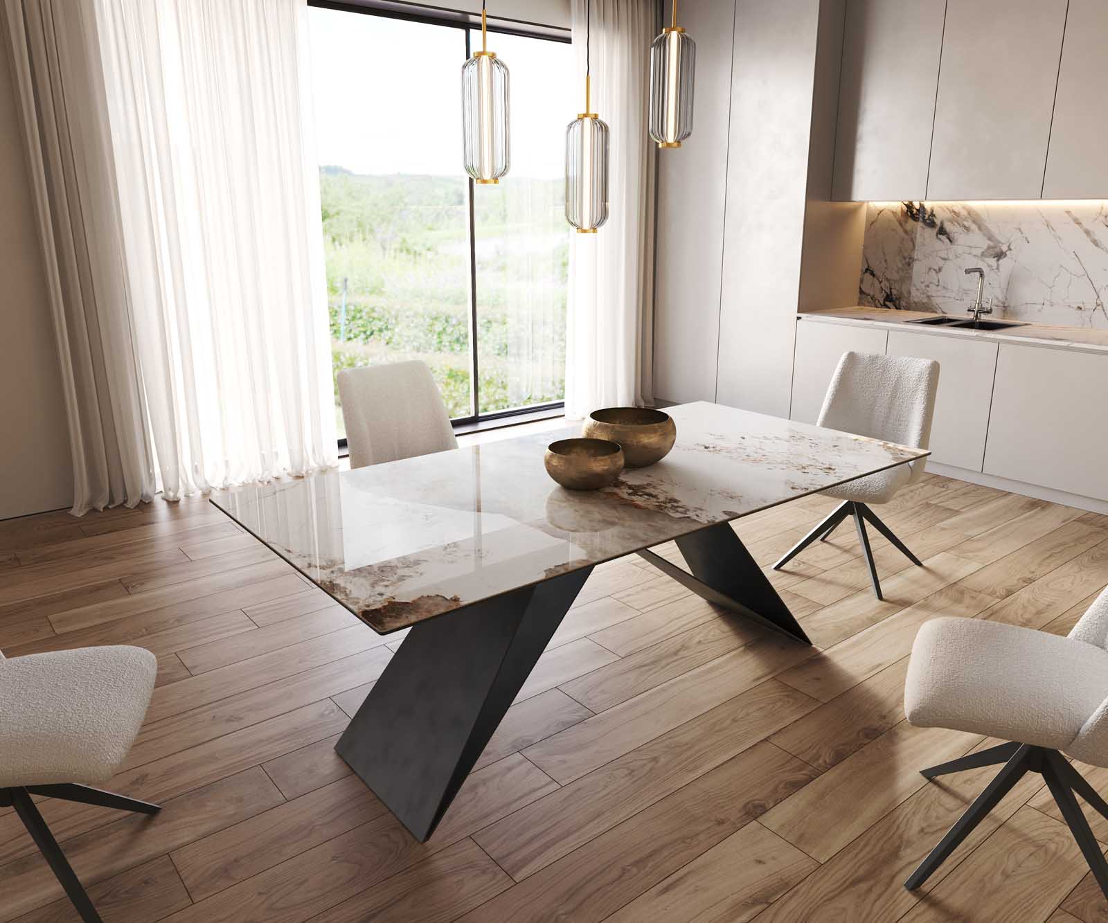 Маса 200x100 Keramik Minas Melange Бял-Бежов V-Рамка плоска стомана Черен Edge Маса 200x100 Keramik Minas Melange Бял-Бежов V-Рамка плоска стомана Черен Edge