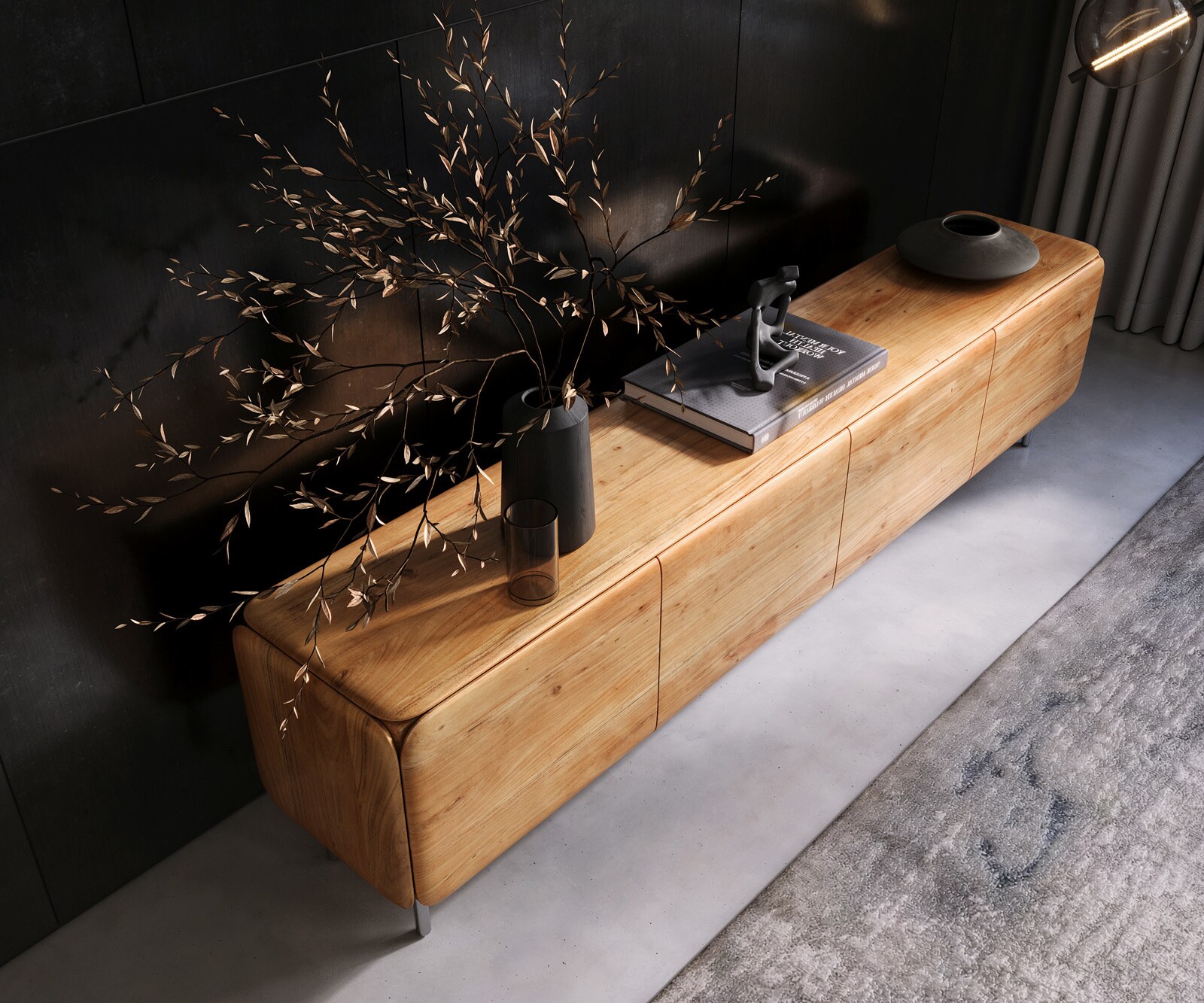 Нисък шкаф Shavani 220 см естествена акация 4 врати кръгла основа неръждаема стомана сребро 2