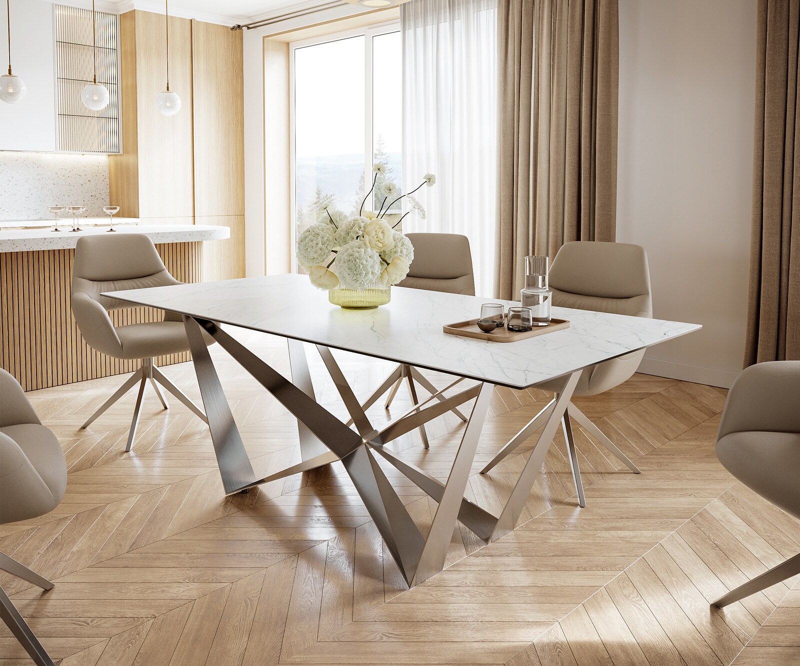 Маса 200x100cm Keramik Laminam®Statuarietto Бял Spider плоска стомана Неръждаема стомана Edge