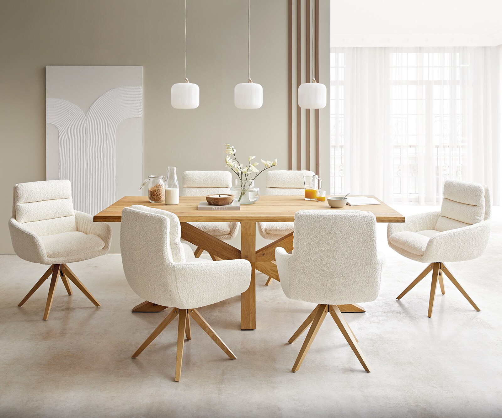 Врътящ се стол с подлакътници Букле Бял Дървена рамка  180° въртящ се Abelia-Flex 3 Врътящ се стол с подлакътници Букле Бял Дървена рамка  180° въртящ се Abelia-Flex 3