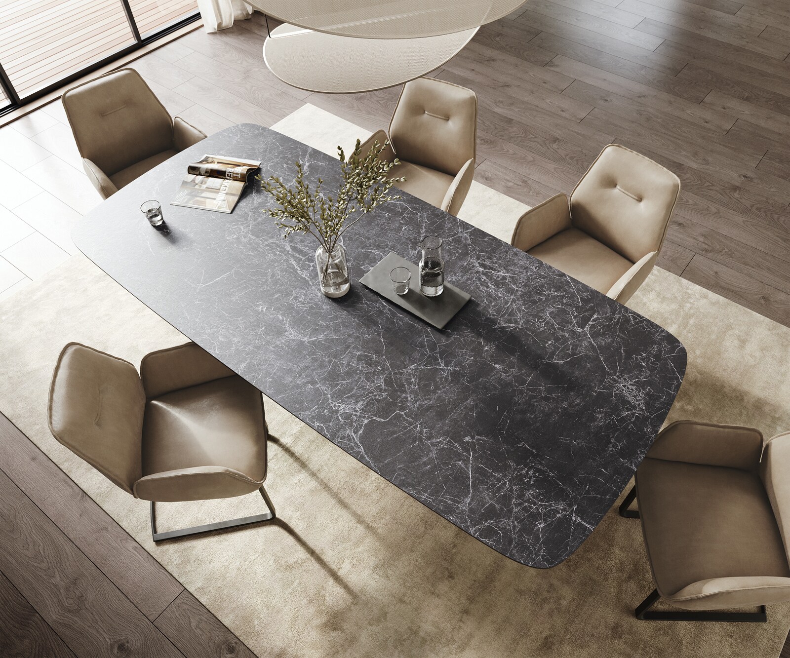 Трапезна маса Edge Boot 260x120 см, керамика Laminam „®“, „Nero Greco“, антрацит, метални колони, черно 4