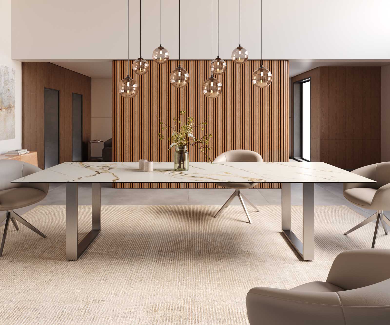 Трапезна маса Edge 300x100, керамика Calacatta Luxe, бяло-златно-сиво, неръждаема стомана, тясна 2
