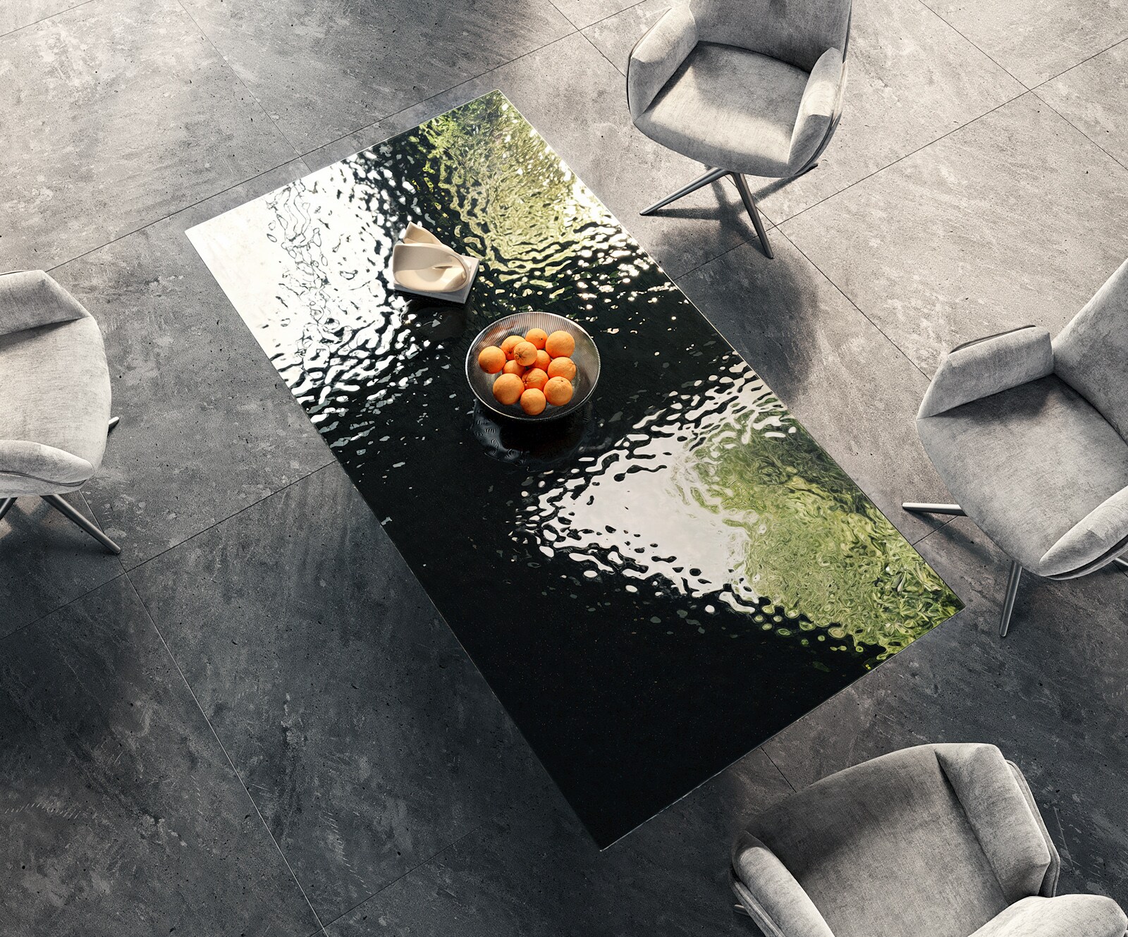 Трапезна маса Edge 200x100 Relief стъкло опушено черно 3D дизайн неръждаема стомана под ъгъл 4