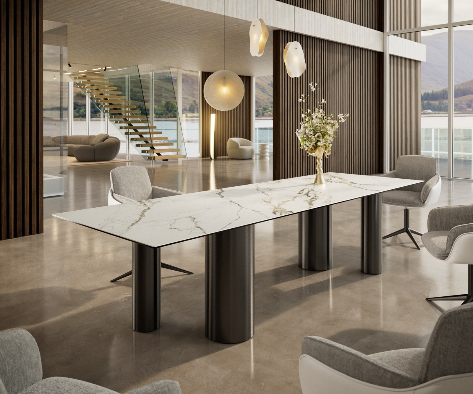 Трапезна маса Edge 300x100, керамика Calacatta Luxe (бяло-златно-сиво), Pilier от неръждаема стомана, графит 1