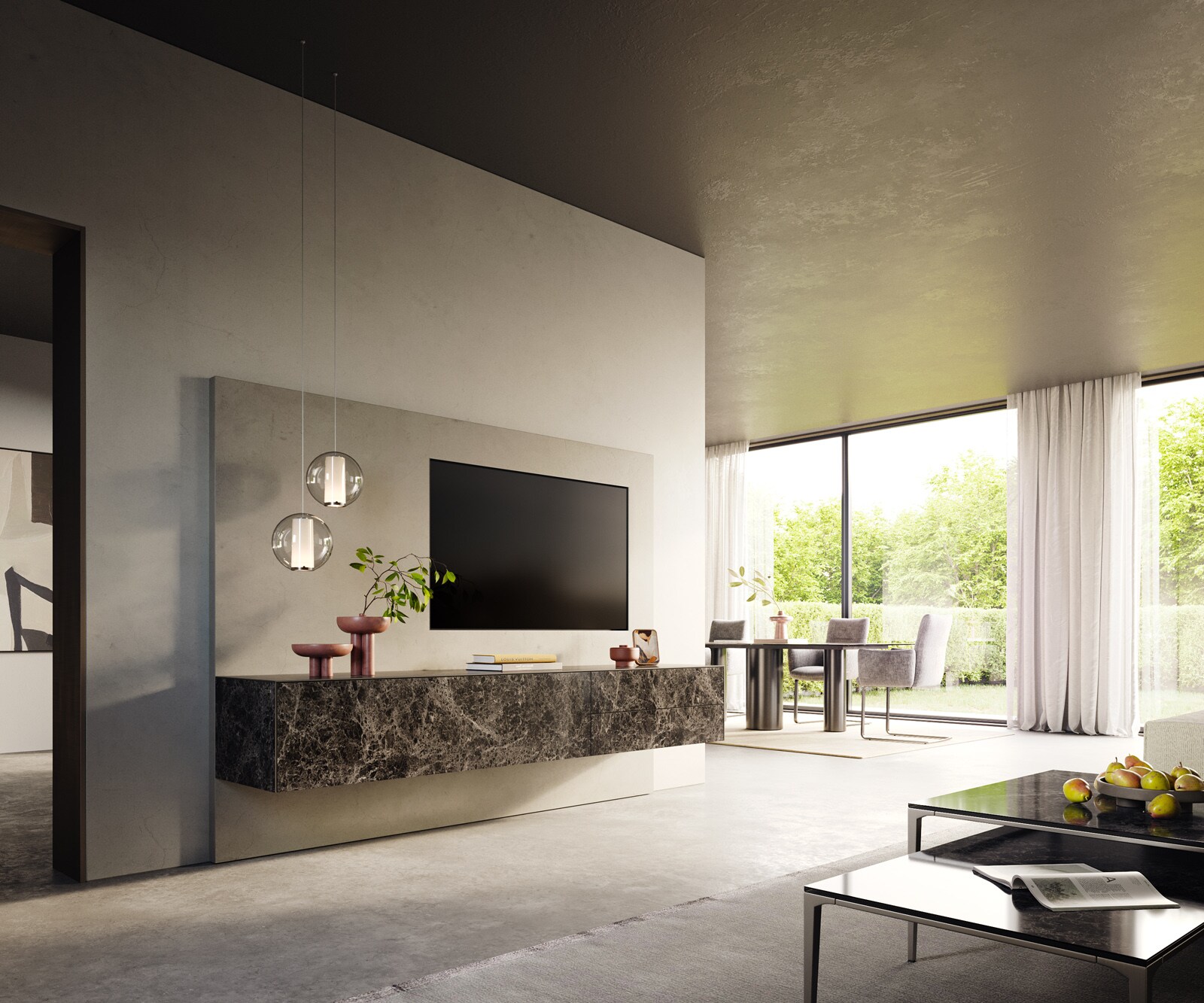 Стенен ТВ шкаф Cuor 220 см Керамика Laminam® Emperador Extra Lucidato Тъмно-кафяво 1 врата 2 чекмеджета  6