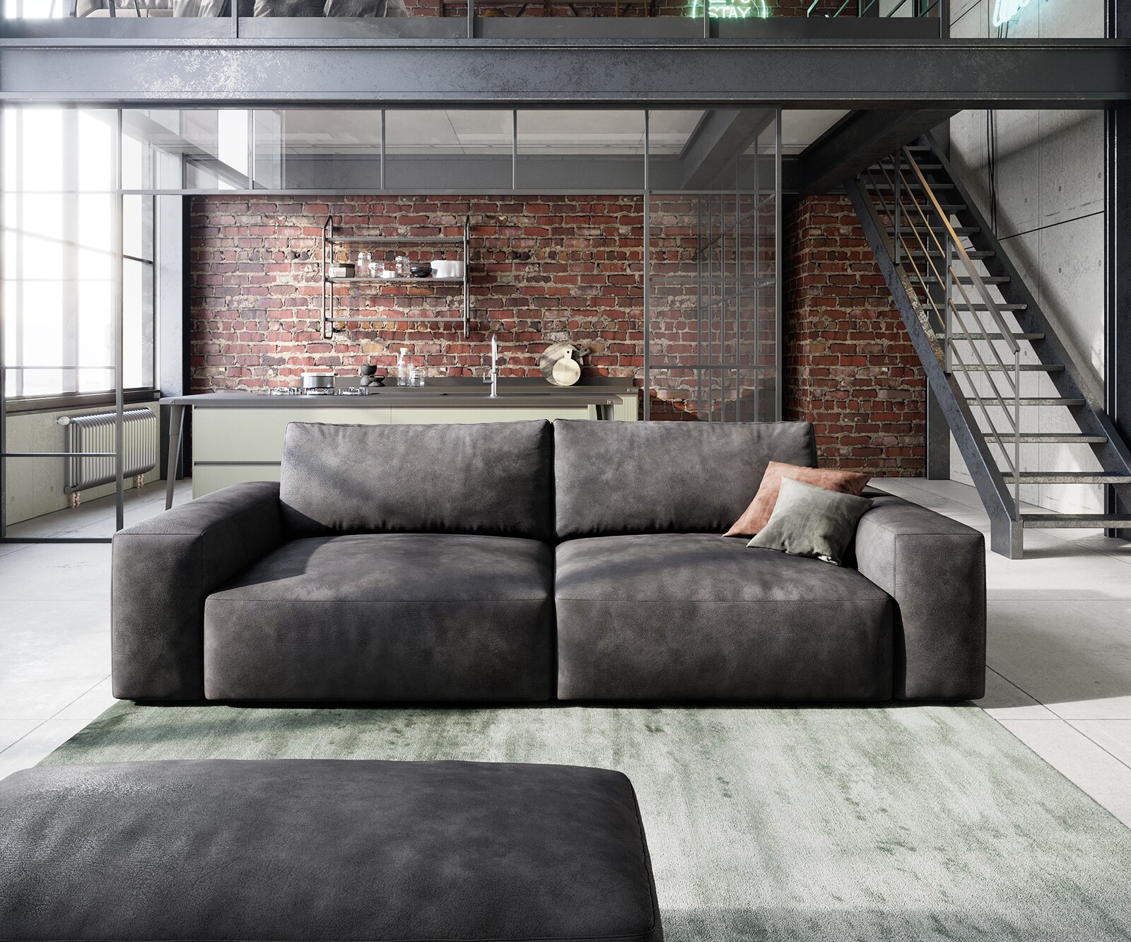 Голям диван L 260x110 cm Имитация на кожа Винтидж Антрацит с табуретка Lanzo 2