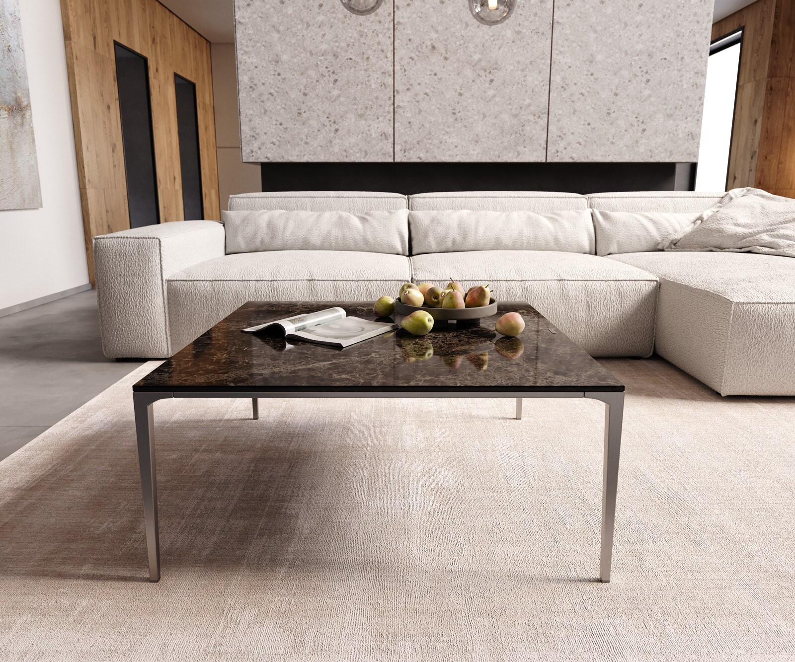 Масичка за кафе Levente 85x85 cm керамика Laminam®Emperador Extra Lucidato тъмнокафяво Рамка от неръждаема стомана сребро 1
