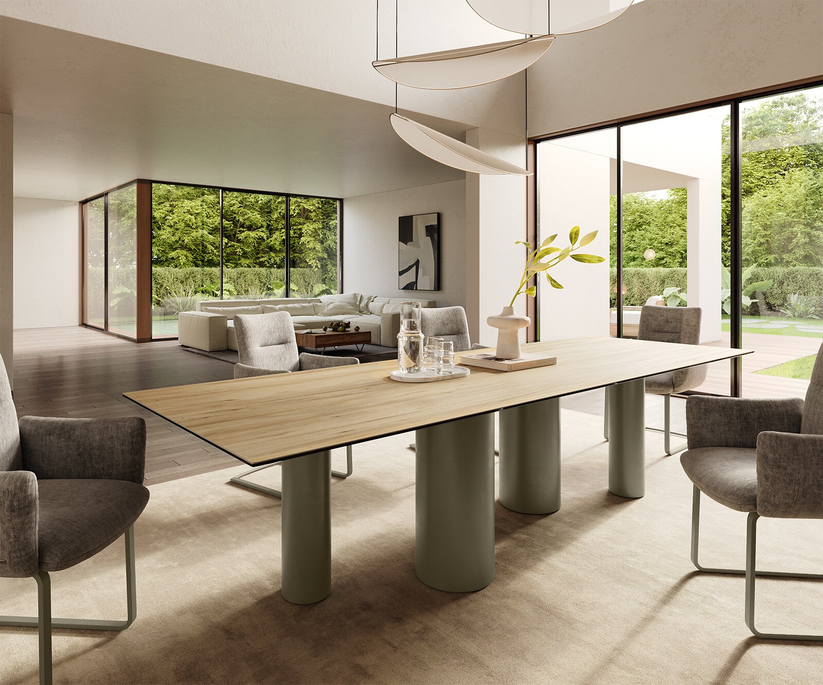 Трапезна маса Edge 300x100, керамика Laminam „®“, цвят „Sabbia“ (дъбов), метални колони с титанов ефект