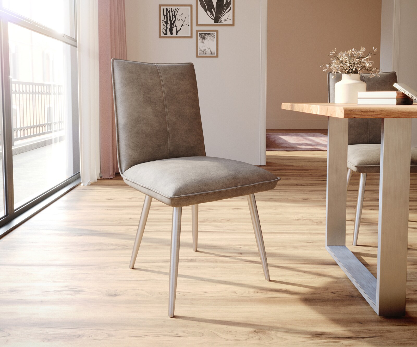 Трапезен стол Таупе Винтидж 4 крака конични Неръждаема стомана  Покет пружина Lelio-Flex 1