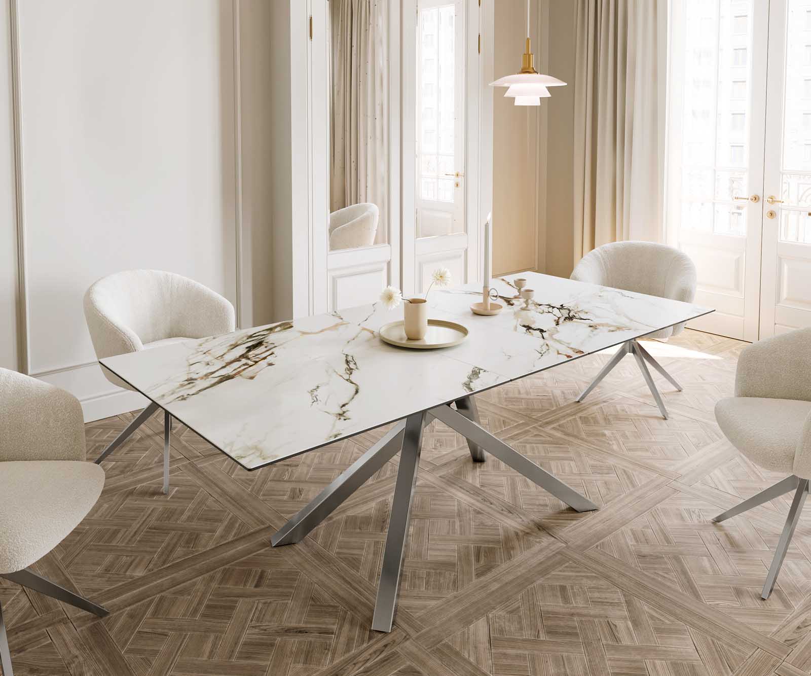 Разтегателна трапезна маса Edge 180-220х100 см Керамика Calacatta Luxe Бял-Злато-Сив Кръсртовидна основа Сребристосив