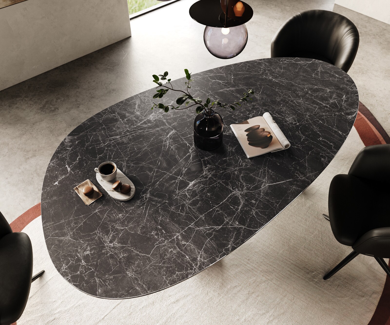Трапезна маса Edge Oval 220x120, керамика Laminam „®“, „Nero Greco“, „Anthrazit“, „Troa“, метал, черно 4