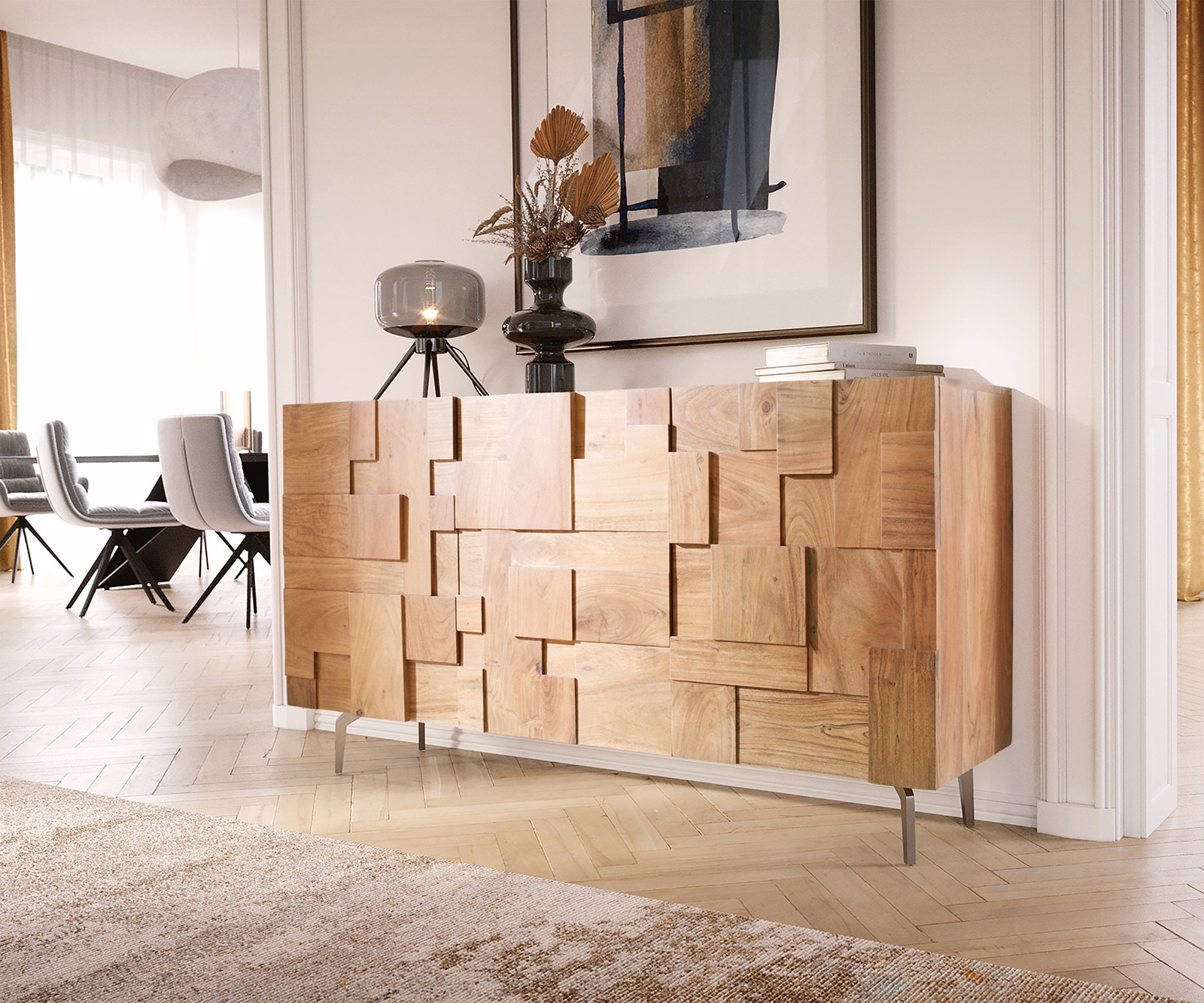 Бюфет 145 cm Акация Натурал винкелКрак Неръждаема стомана Puzzle Бюфет 145 cm Акация Натурал винкелКрак Неръждаема стомана Puzzle