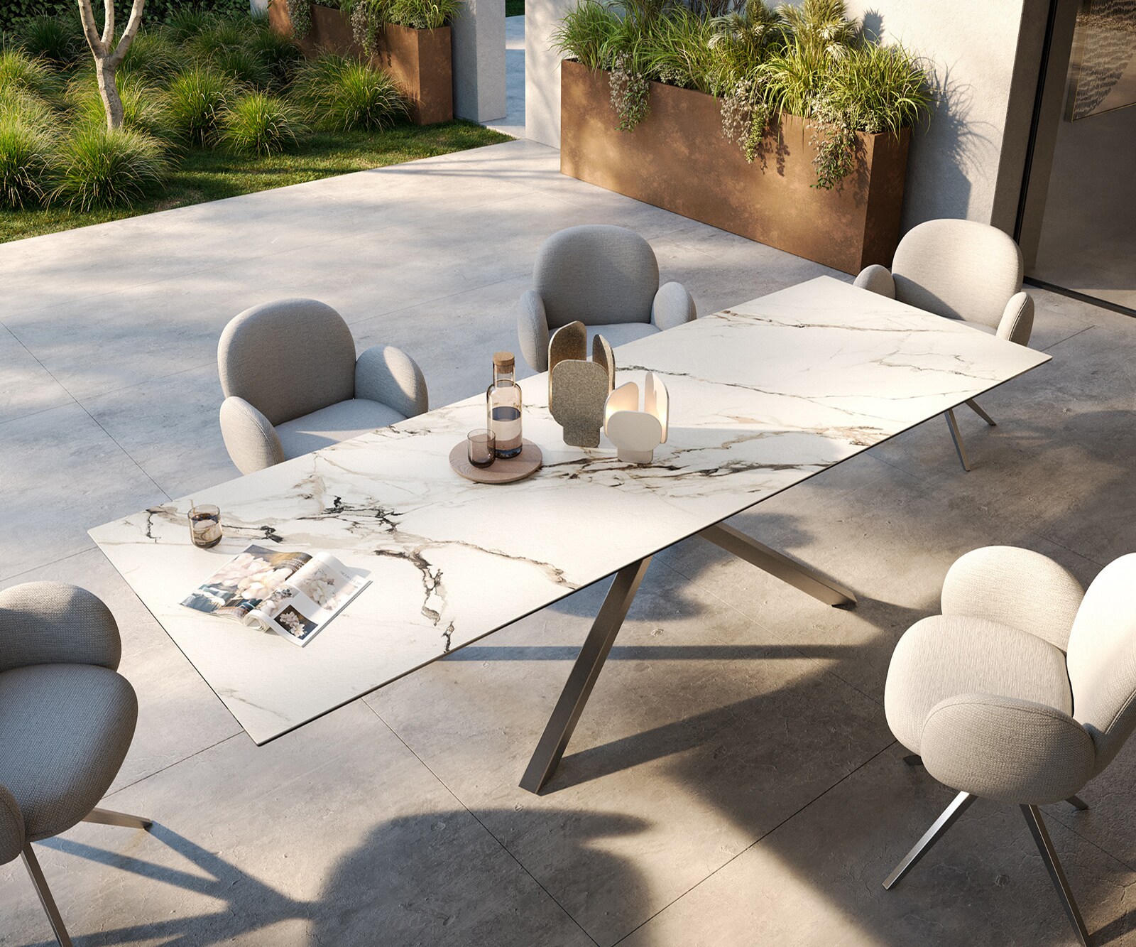 Луксозна външма маса Edge 300x100 см, керамичен правоъгълен плот Calacatta Luxe. Кръстовидна основа Бяло/Златно/Сиво 3