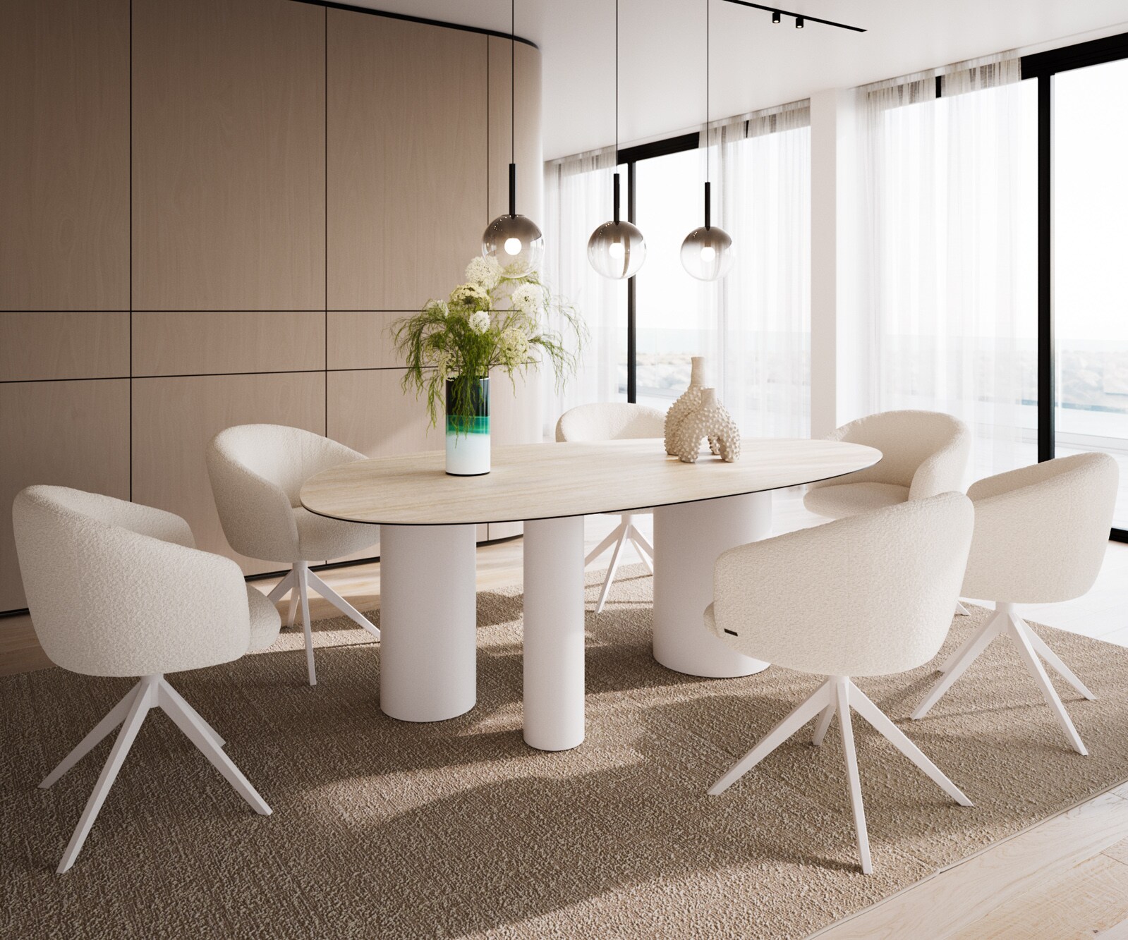 Трапезна маса Edge Oval 220x120, керамика Laminam „®“, Travertino Bianco, кремаво-бяла, Troa, метал, бяла 5