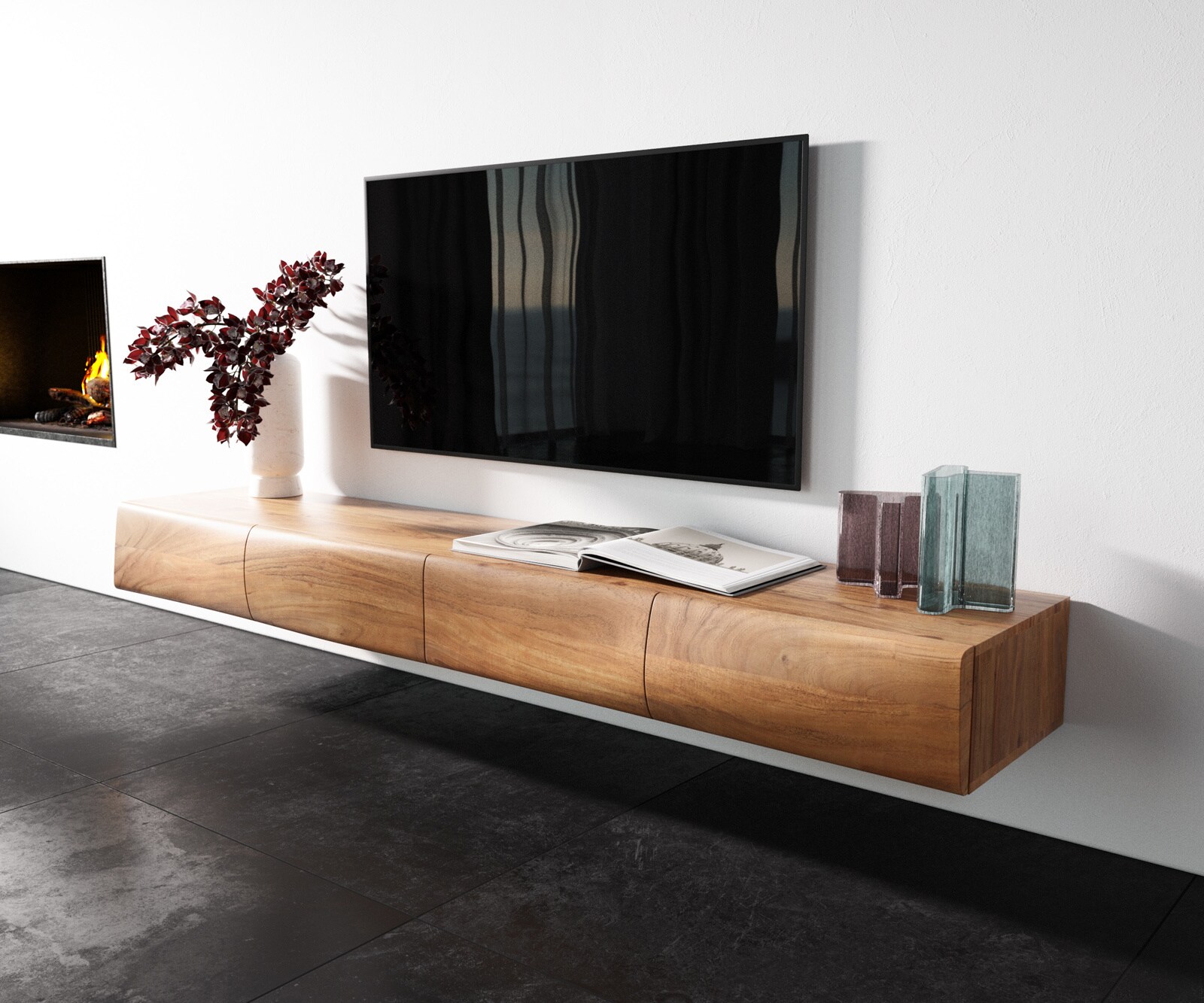 Стенен ТВ шкаф New Live-Edge 200 cm, Естествен ръб, Масив Акация, 4 Врати, Натурален цвят