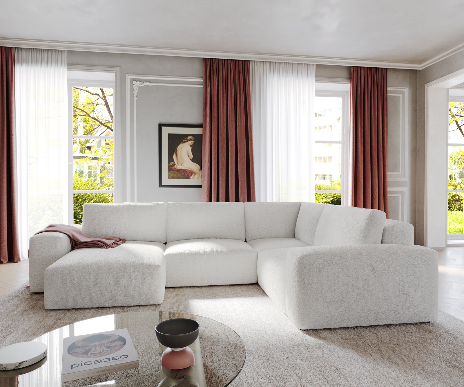  Холна гарнитура L 330x230 см Букле Крем-Бял Лежанка вариации Lanzo 1