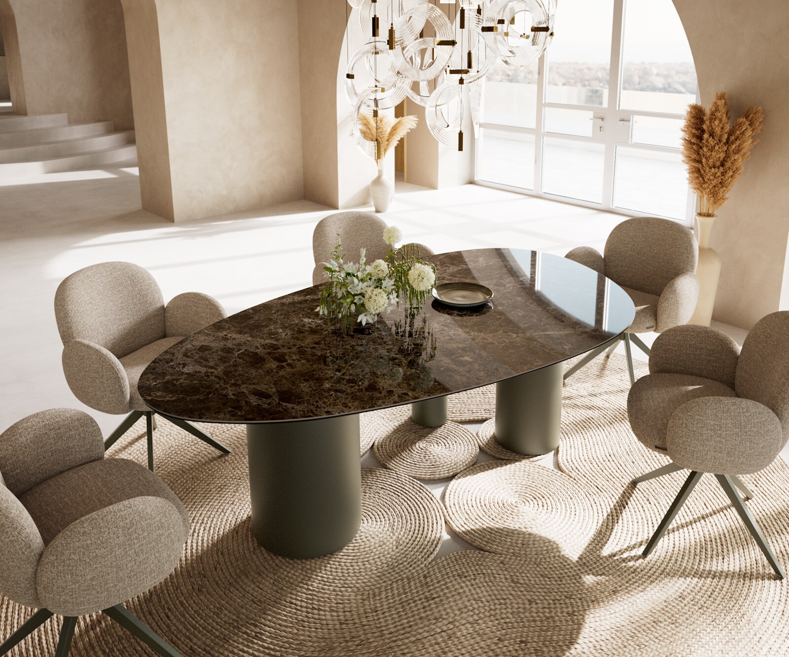 Трапезна маса Edge Oval 220x120, керамика Laminam „®“, Emperador Extra Lucidato, тъмнокафяво, Troa, метално покритие с ефект „Титан“