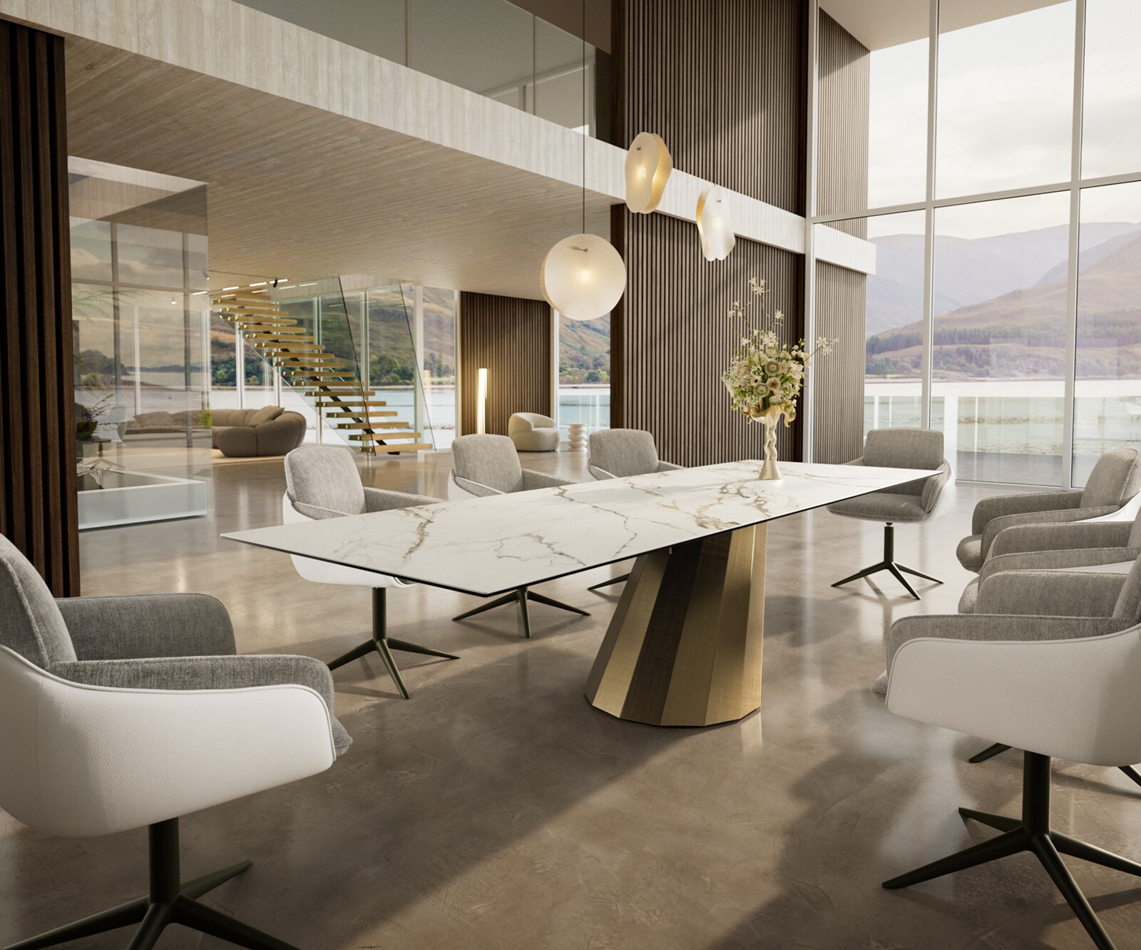 Трапезна маса Edge 300x100 керамика Calacatta Luxe бяло-златисто-сиво Parabel металик злато 7