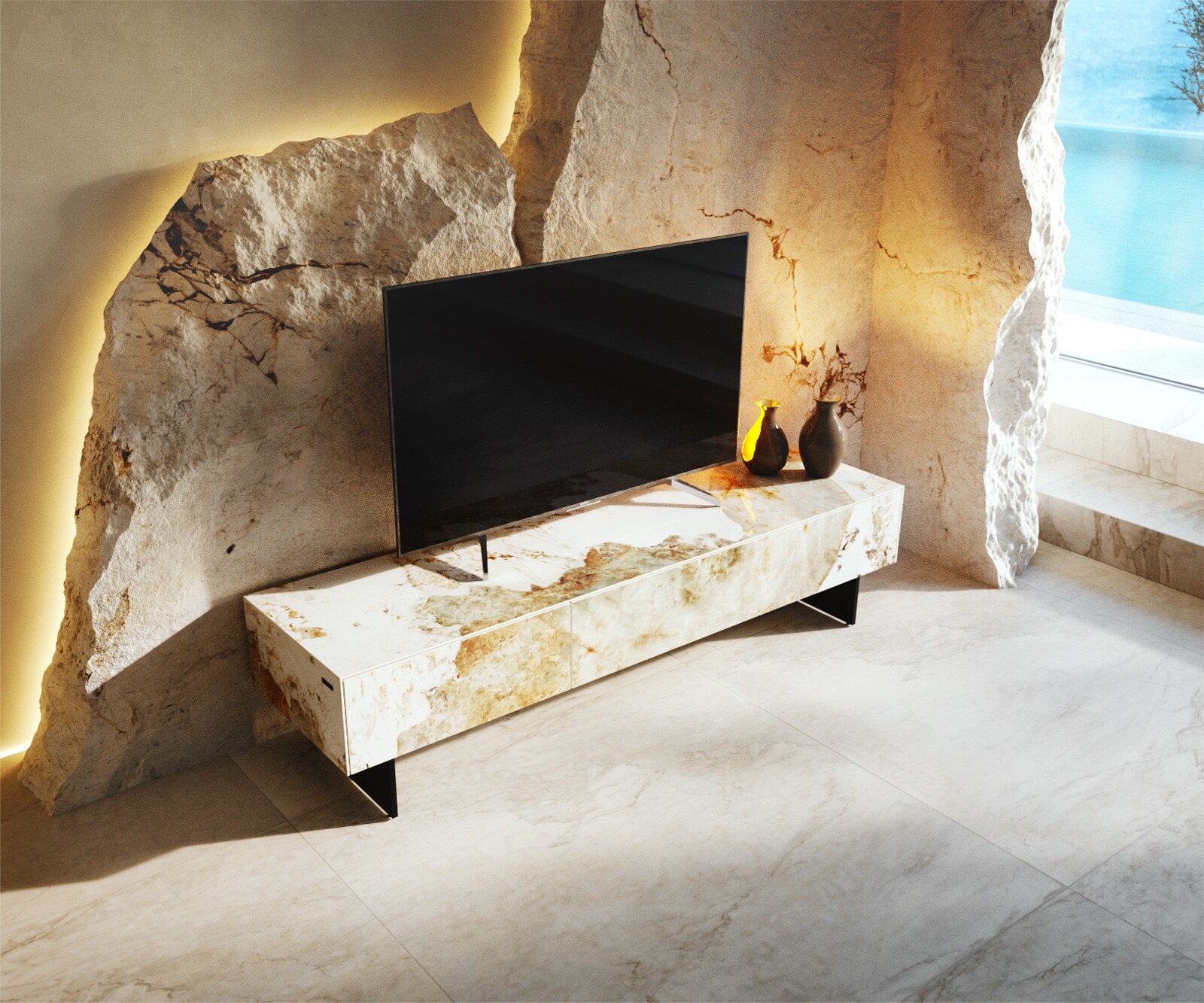 Ниска дъска Cuor 150 см Керамика Minas Melange Бяло-бежово 1 клапа 1 чекмедже Основа Плаващ вид Метал Черно 3