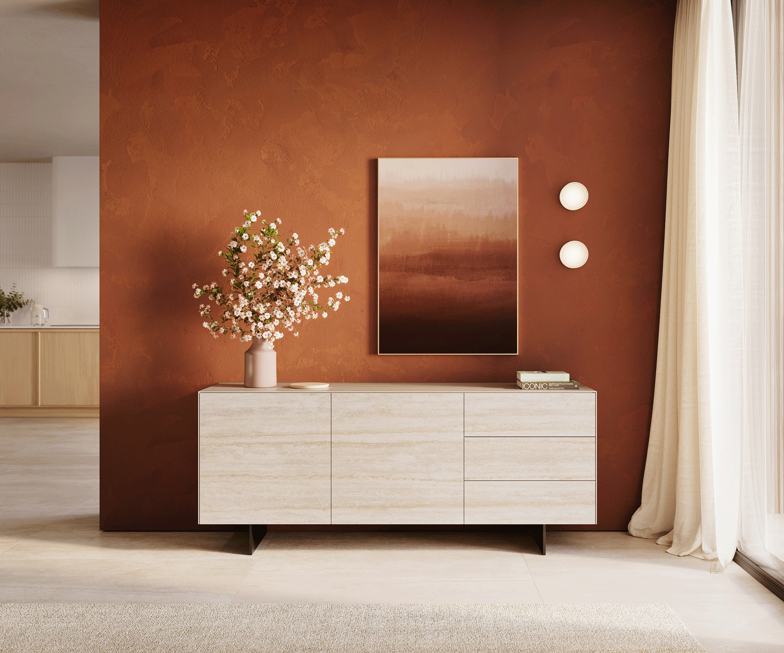 Бюфет Cuor 180 cm Керамичен ламинат® Travertino Bianco Крем-бяло 2 врати 3 чекмеджета Основа Плаващ вид Метал Черен 1