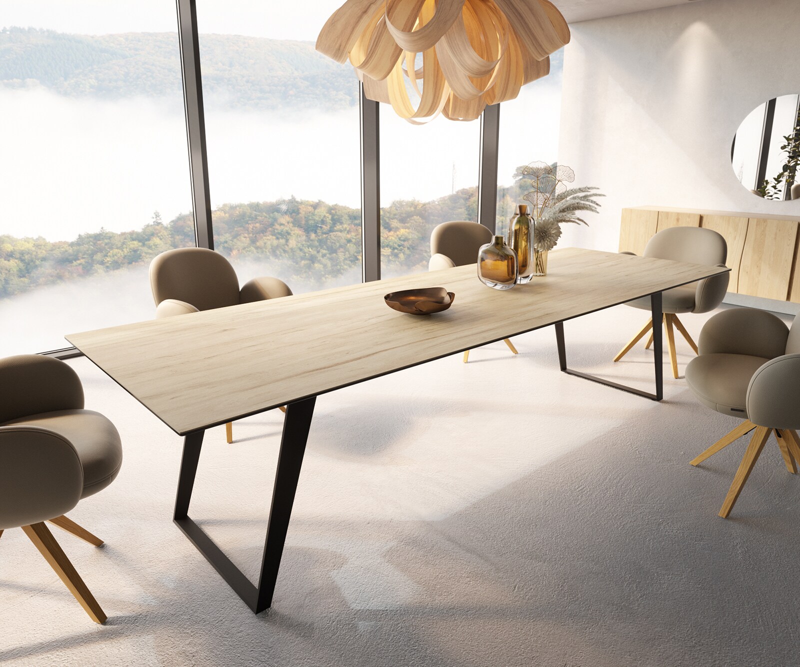 Маса 300x100 Keramik Laminam® Sabbia Дъбцвят Метал под ъгъл Черен Edge