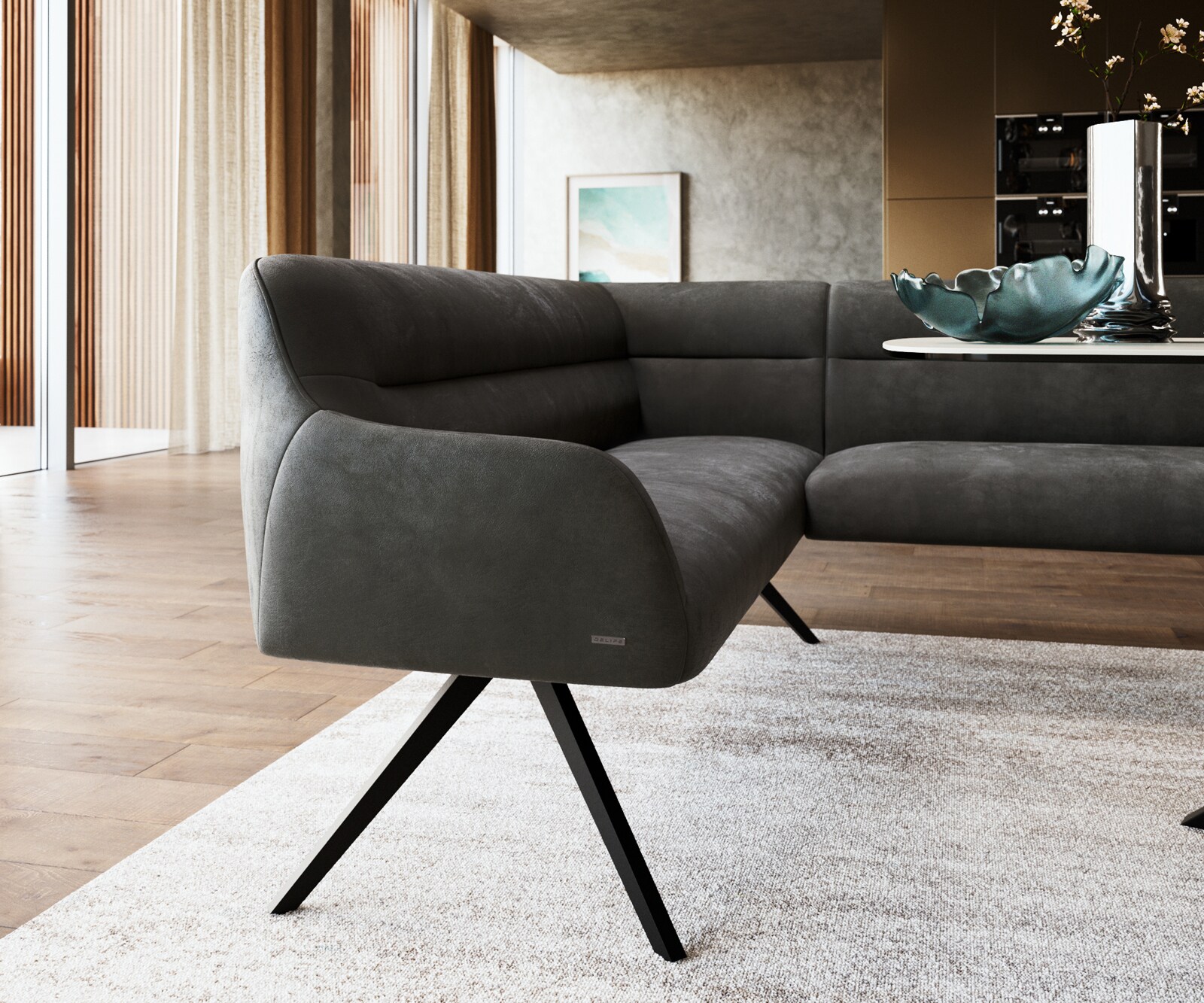 Трапезна пейка Taya-Flex 285x190 см, микрофибър, антрацит, винтидж, кръстосана рамка, с остри ръбове, черна, с джобови пружини, дясна 4