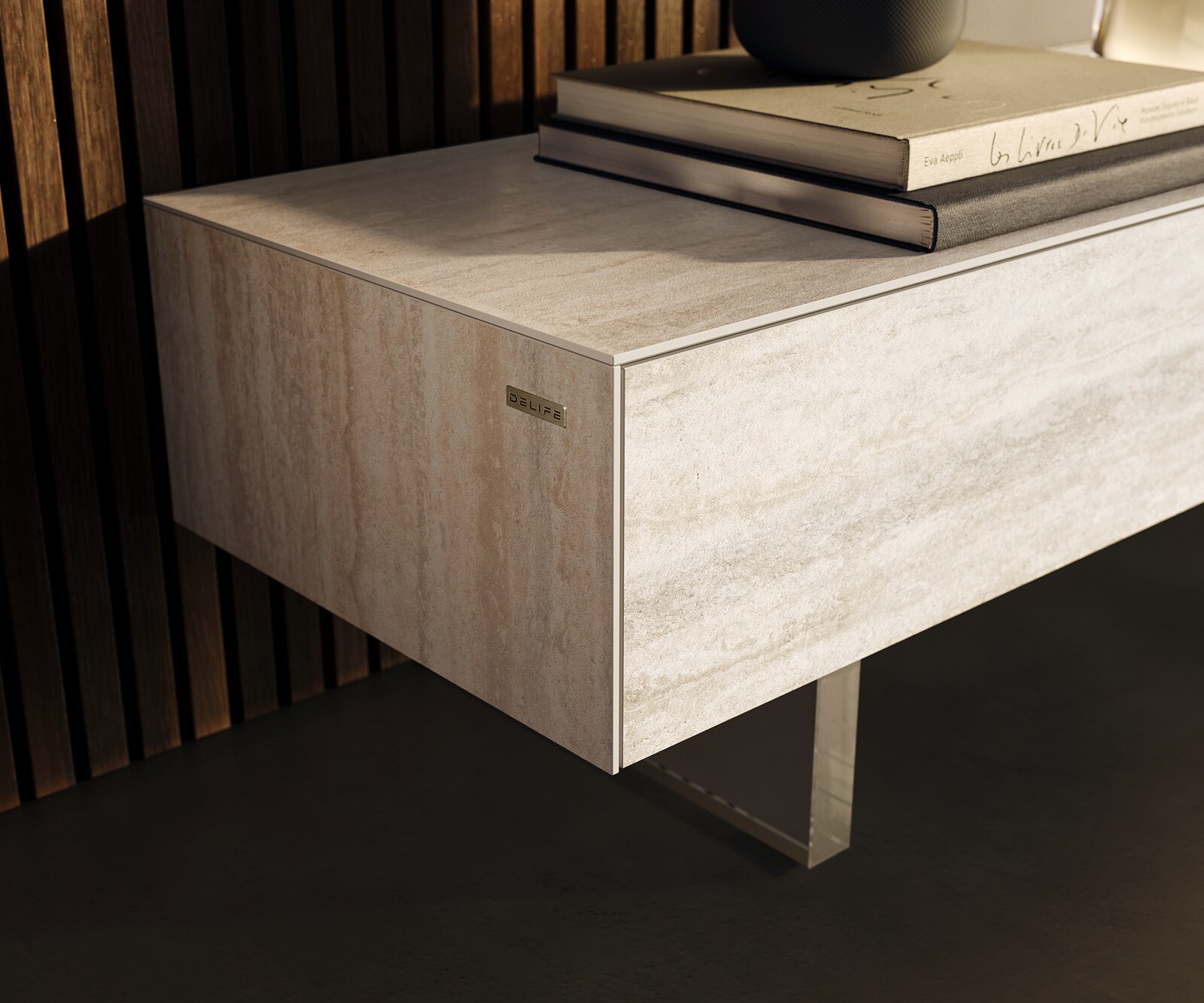 Ниска дъска Cuor 250 cm Керамичен ламинат® Travertino Bianco Крем-бяло 1 клапа 1 чекмедже Основа Плаващ вид акрилно стъкло 6