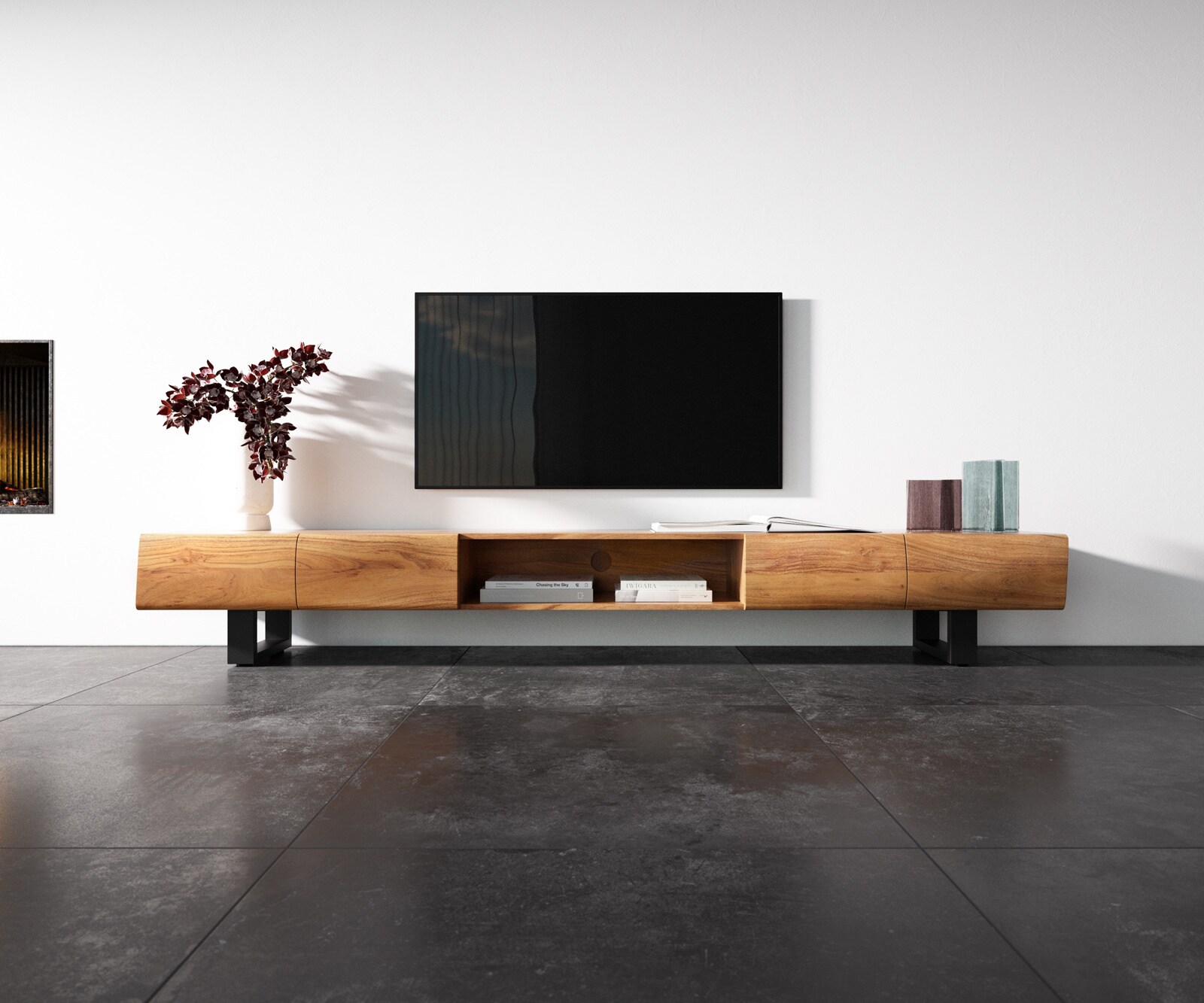 Ниска дъска New Live-Edge 240 cm Acacia natural 4 вратички 1 рафт Плъзгащ се метал черен 3