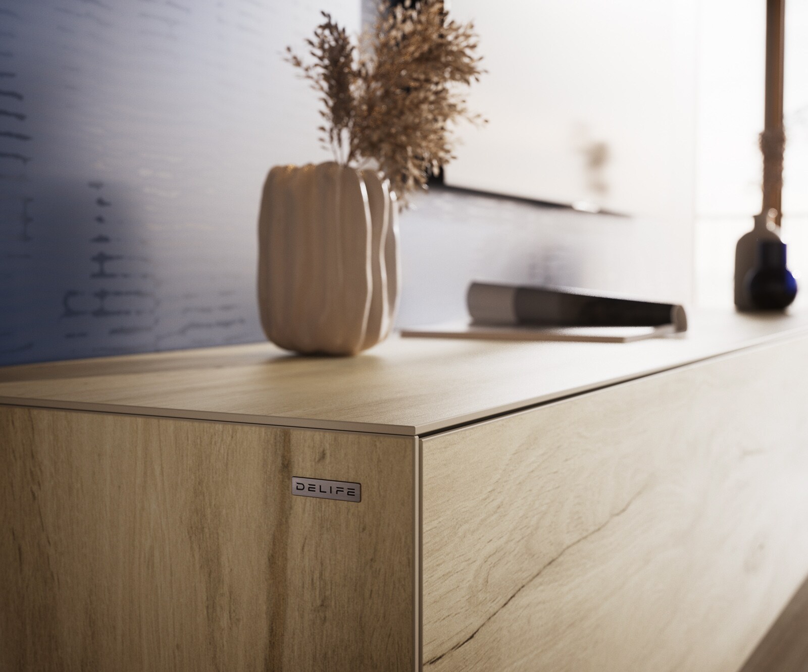 Ниска дъска Cuor 220 см Керамичен ламинат® Sabbia Дъбов цвят 1 клапа 2 чекмеджета Основа Плаващ вид неръждаема стомана 7