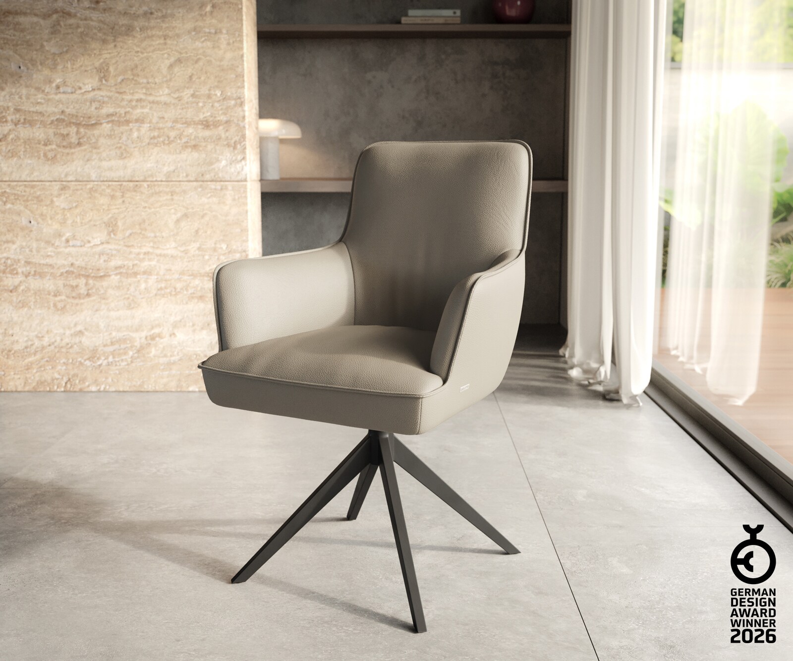 Врътящ се стол с подлакътници Естествена кожа Сиво-Кафяв Конус крак плосък Черен 360° въртящ се Покет пружина Heira-Flex